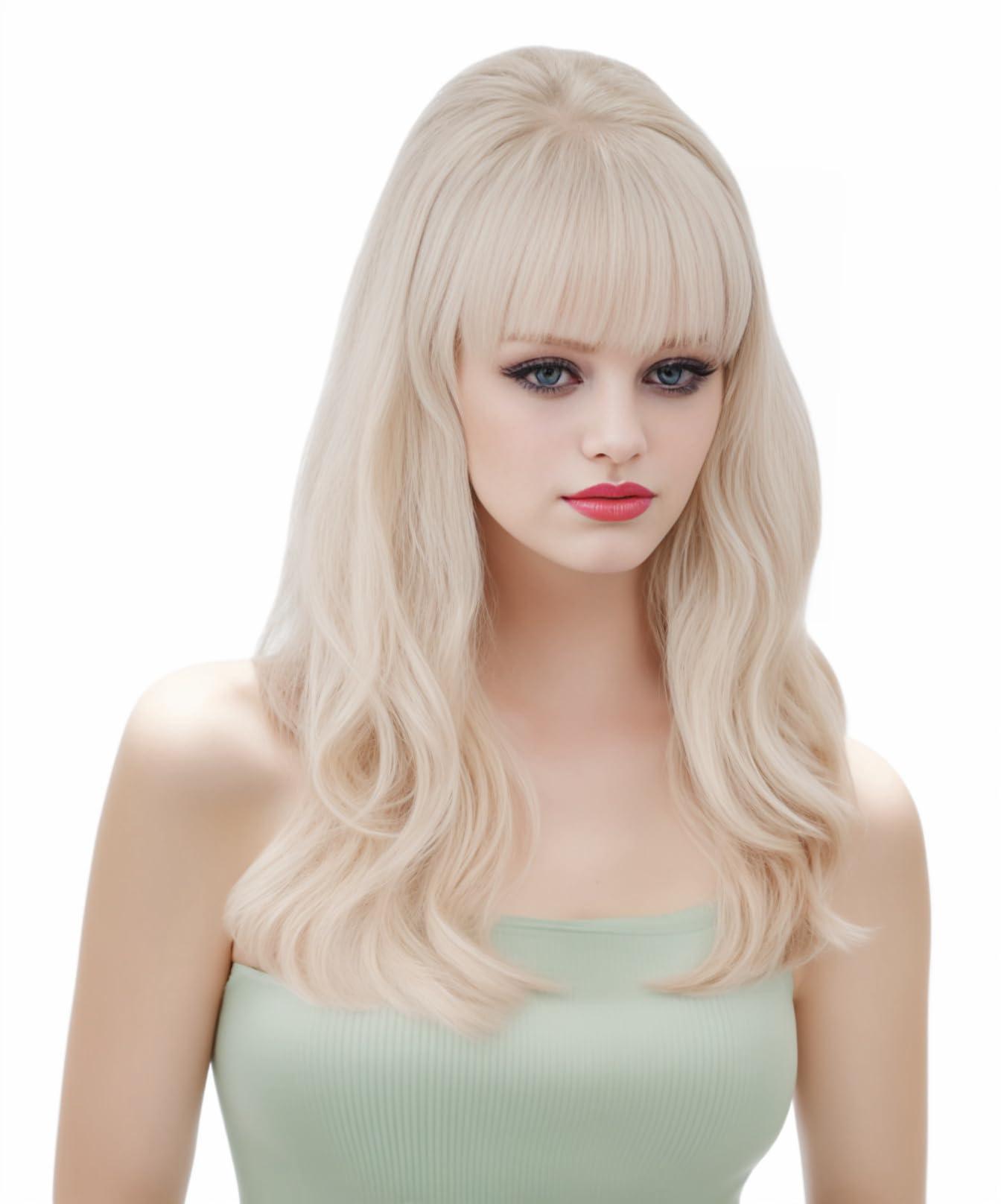 NJJYXH NJJYXH 20 Inches Retro Beehive Blonde Wigs for Women Long Wavy Wig with Neat Bangs Synthetic Natural Wig for 60s 70s 80s Cosplay,Halloween,Daily Use