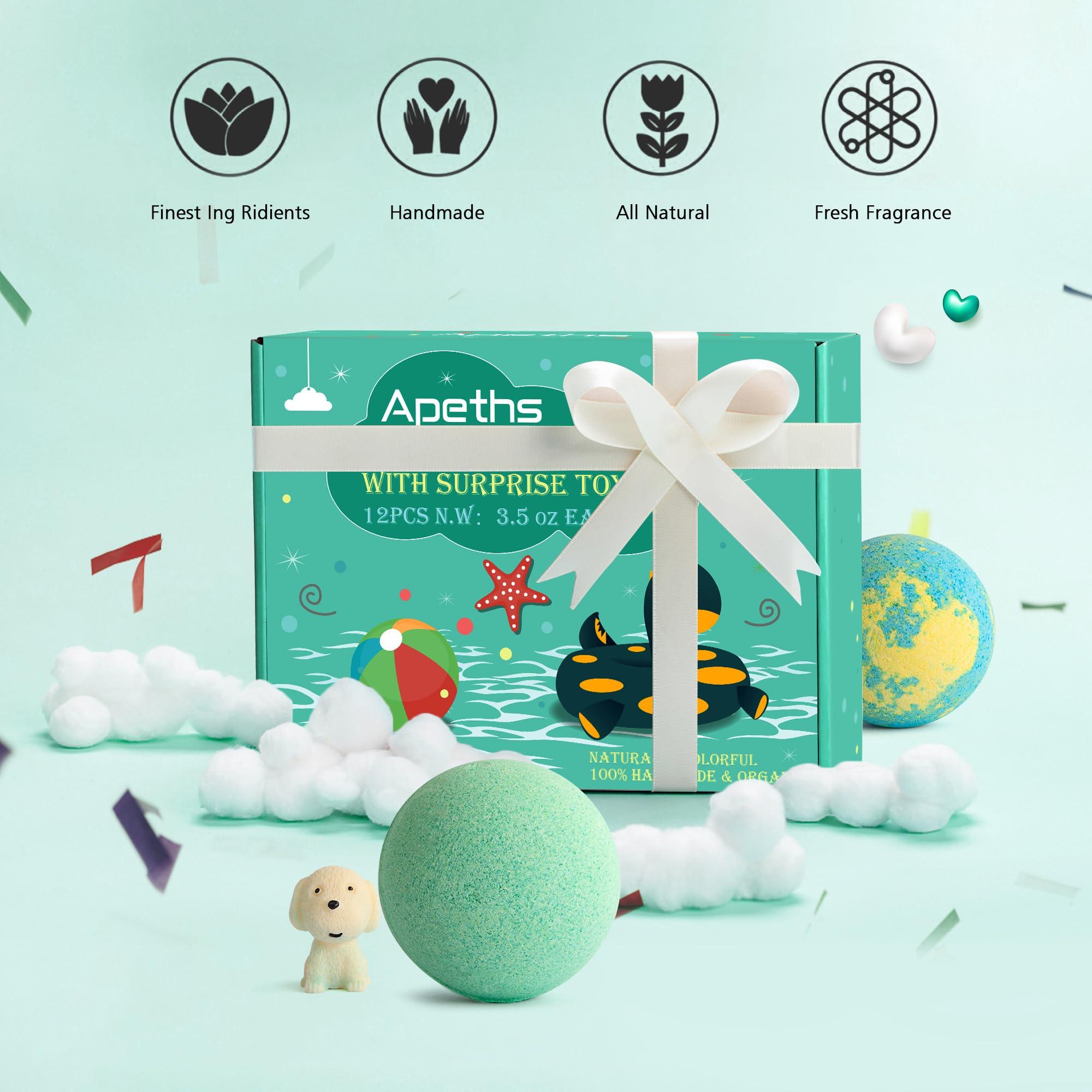 APETHS Bath Bombs for Kids with Surprise Toys Inside, Set of 12 XXL 3.5oz Large Bath Bomb Gift Set, Kids Safe Handmade Fizzy Balls Kit Organic Bubble Bath Bomb Great Gift for Birthday Day, Christmas