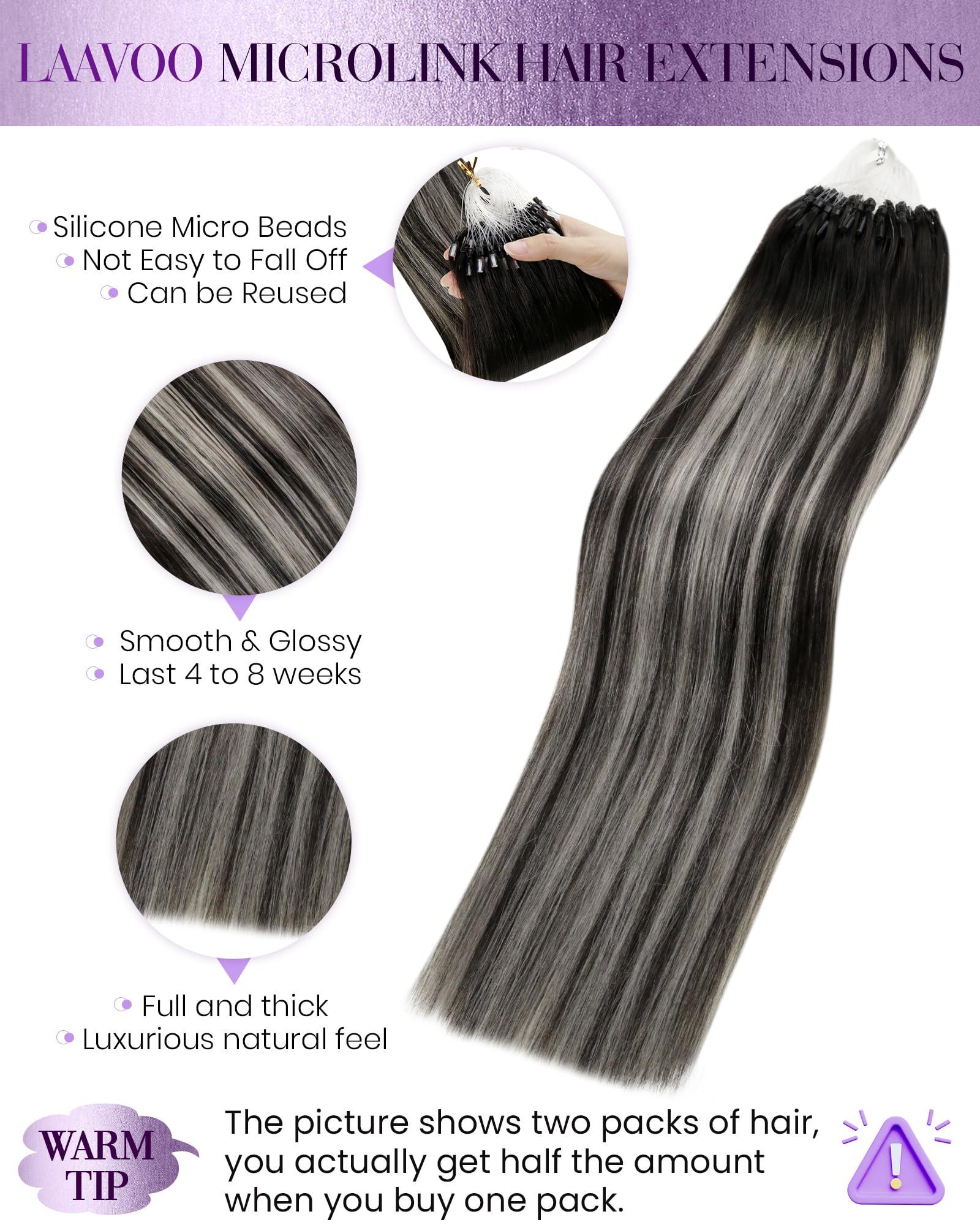 LAAVOO LaaVoo Micro Loop Hair Extensions Real Human Hair Balayage Micro Link Hair Extensions Human Hair Ombre Natural Black to Grey Silver Micro Hair Extensions Human Hair 16in 50g 50s
