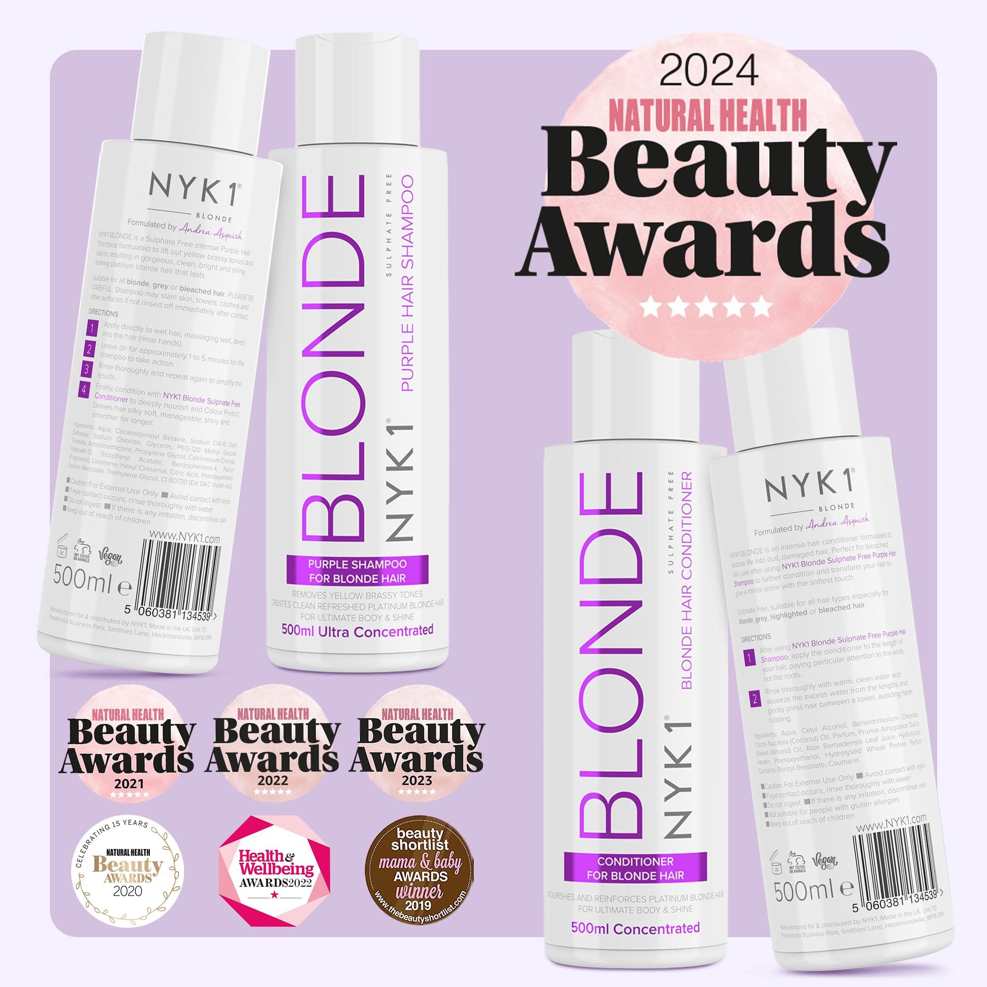 NYK1 NO MORE BRASS Purple Shampoo And Conditioner Set (2 x 16.9 Fl Oz) SULFATE FREE Purple Shampoo For Blondes And Purple Conditioner - Blonde Shampoo And Conditioner Set To Eliminate Yellow Brassy Tones