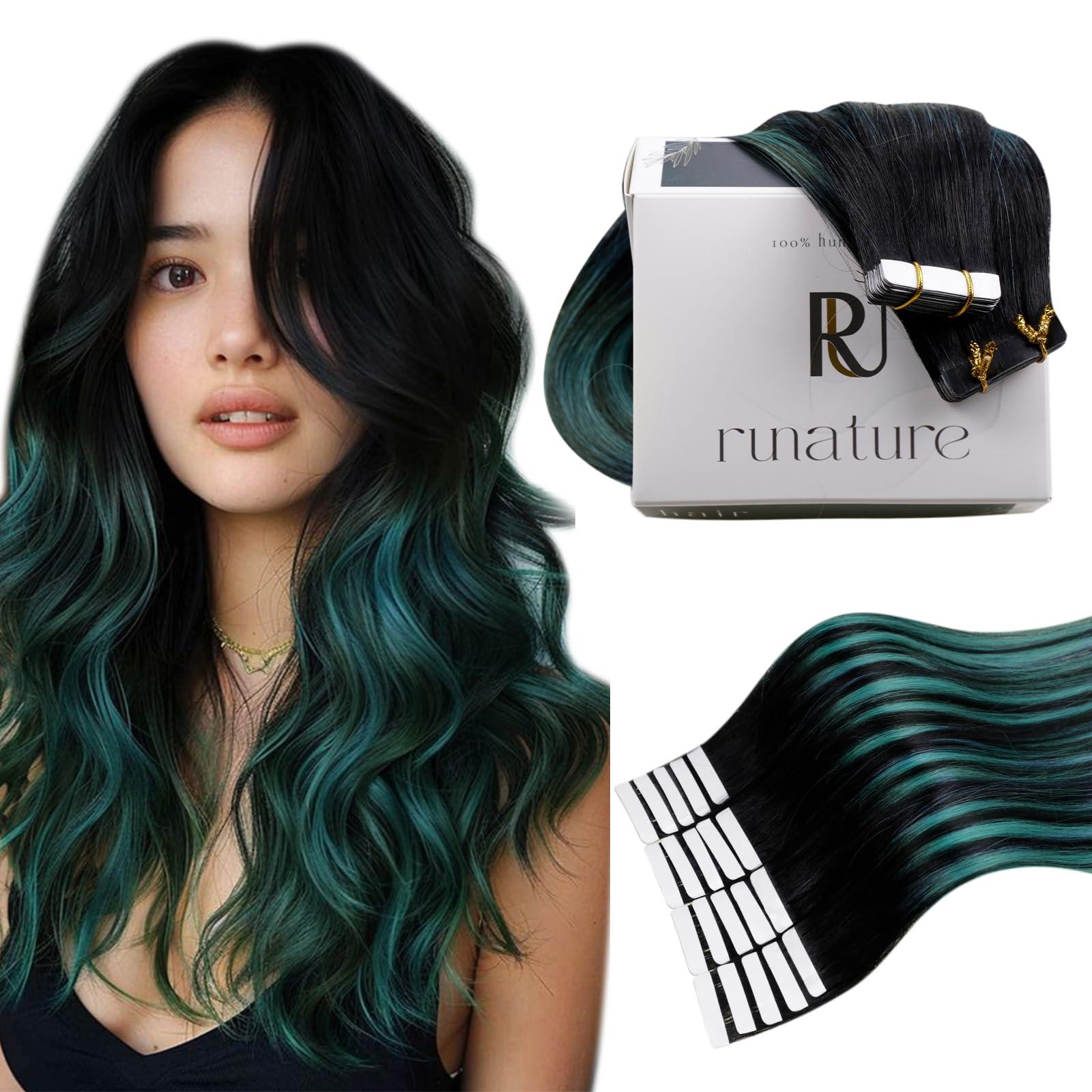 RUNATURE RUNATURE Black Ombre Tape in Hair Extensions Real Human Hair Tape in Extenions Short Natural Black to Blue Tape in Human Hair Extensions Teal Straight Glue in Hair Extensions Human Hair 12 Inch 30g