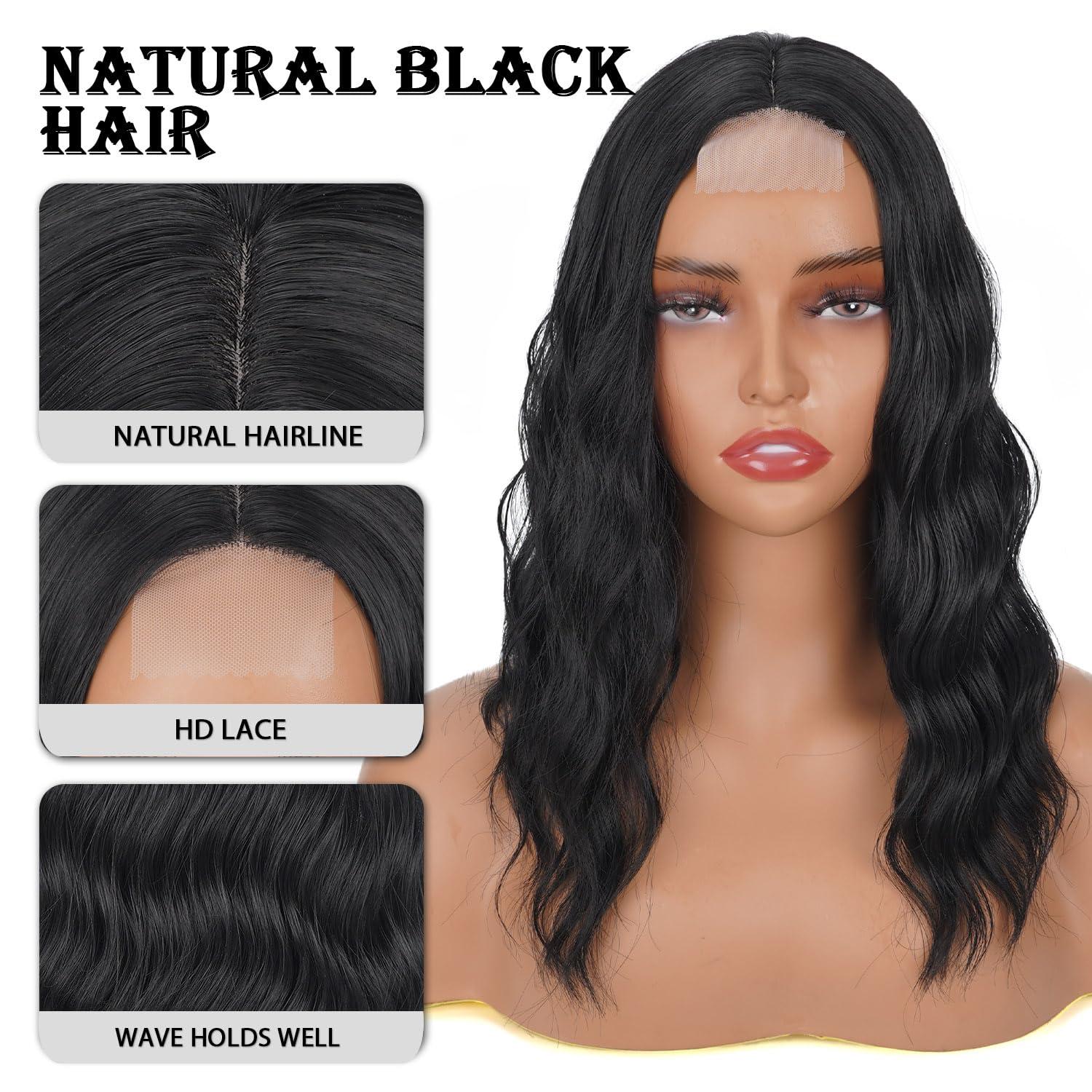 MeaYOO MeaYOO Short Wavy Black Wig for Women, Soft Wavy Wig with Lace, Shoulder Length Middle Part Curly Wavy Bob Wig, Natural Looking Synthetic Heat Resistant Fiber Wig for Daily Party Use 14 Inch
