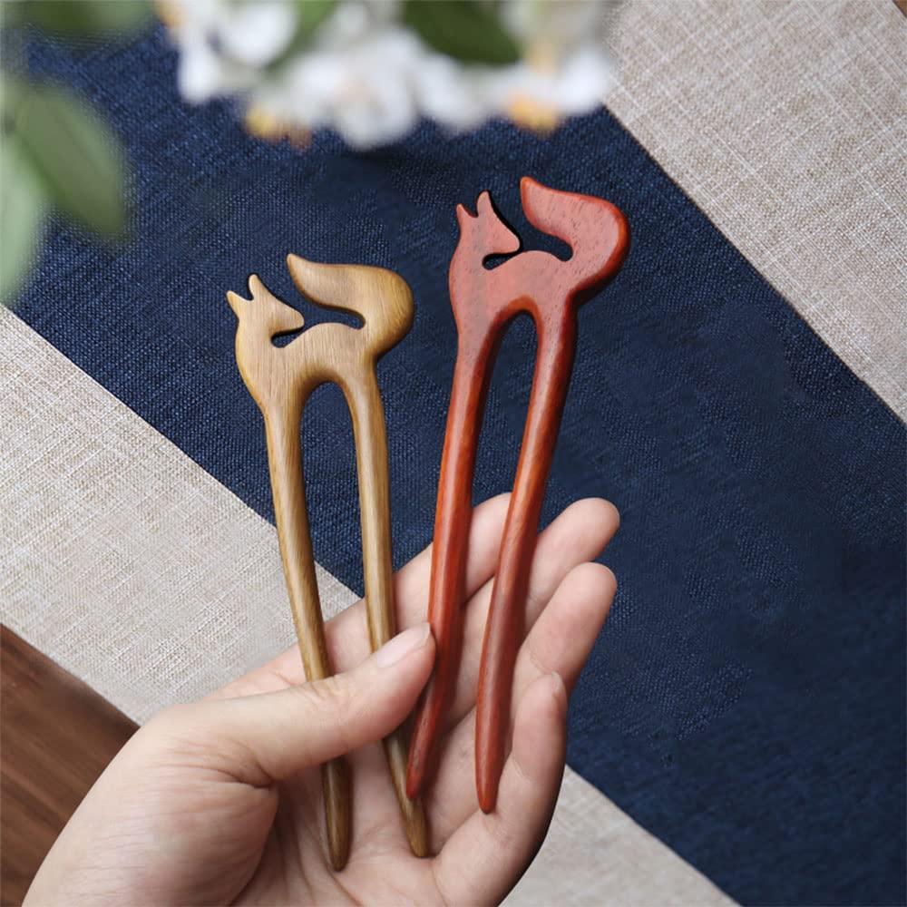 CHOISBEING CHOISBEING Wooden Hair Forks U Shape Hair Stick for Long Hair Handmade French Hairpin Wood Vintage Two Prong Hair Clip for Women Hair Accessories (2pack fox hair pins)