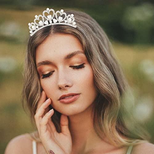 Kilshye Kilshye Princess Tiara Comb Pearl Heart Crown Combs Silver Rhinestones Hair Piece Bride Costume Hair Accessories for Women and Girls