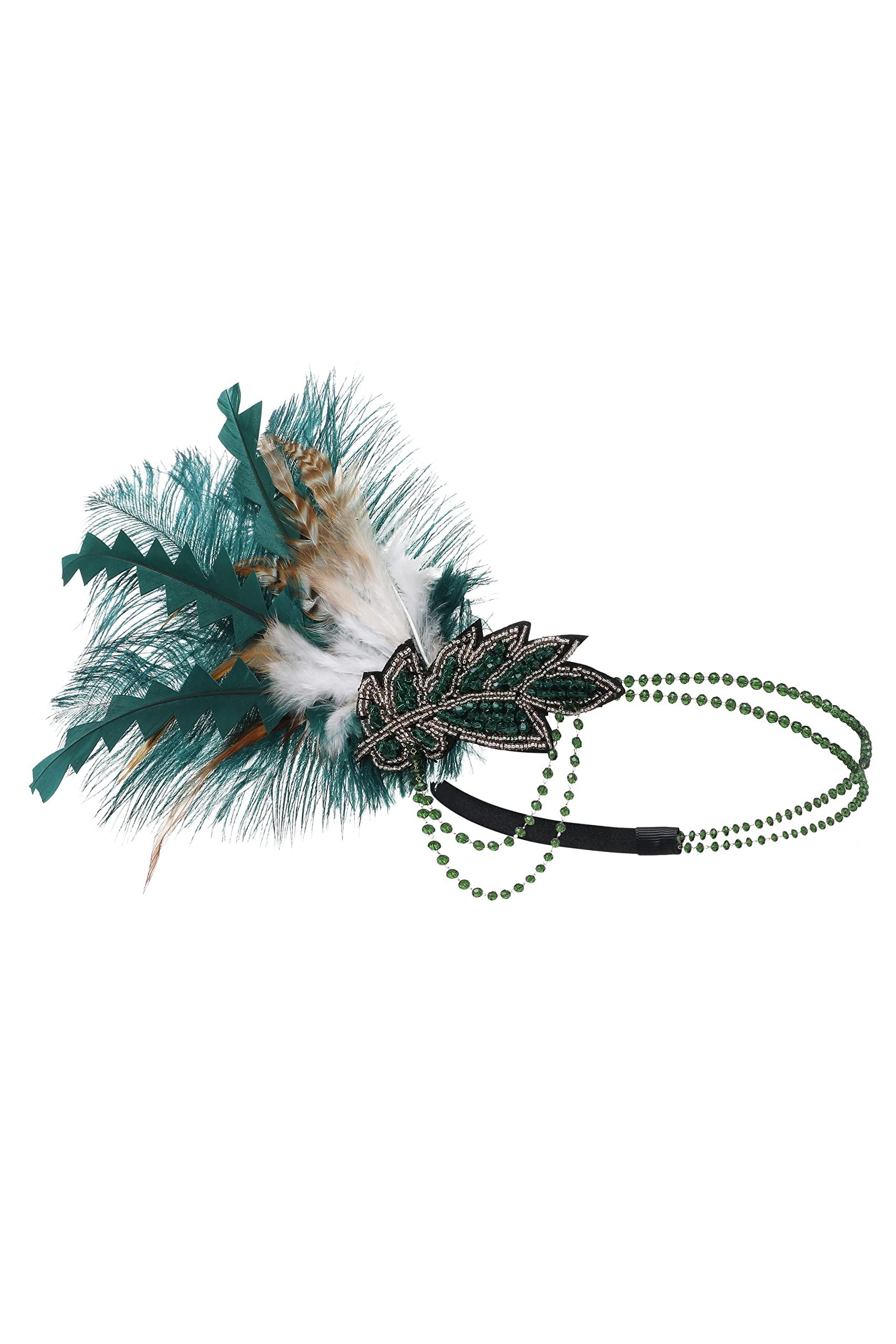 BABEYOND BABEYOND 1920s Headpiece Flapper Headband - Roaring 20\'s Sequined Showgirl Hair Band with Feather (Dark Green)
