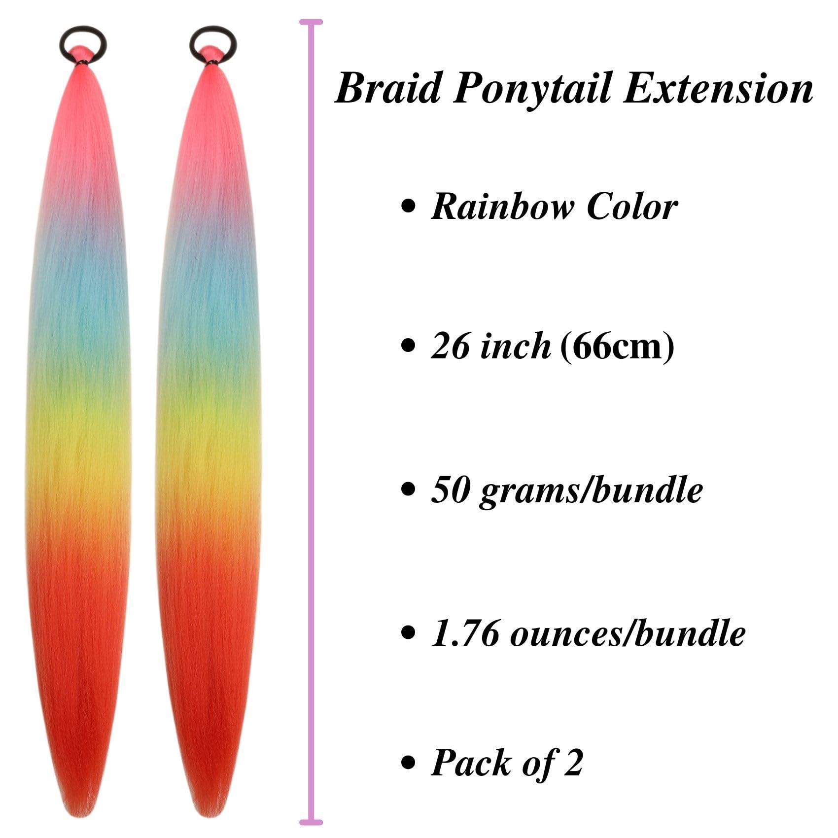Gozill Rainbow Hair Extensions for Rave Box Braids Straight Synthetic Braid Ponytail Extensions with Elastic Tie for Party Festival (26Inch, Pack of 2)