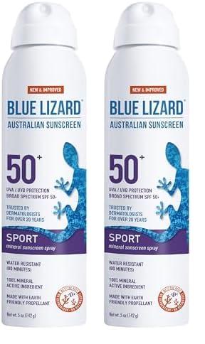 BLUE LIZARD BLUE LIZARD Sport Mineral Sunscreen Spray SPF 50+, Dermatologist-Recommended Brand, Broad-Spectrum UVA/UVB Protection, Water-Resistant, Zinc Oxide Formula, Vegan, 5 fl oz (Pack of 2)