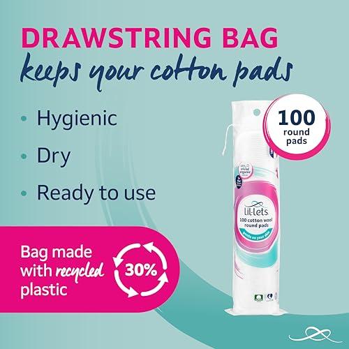 Lil-Lets Lil-Lets Cotton Wool Round Pads, Certified Organic, 100% Pure Cotton Wool, Soft and Absorbent, Gentle on Skin, Dermatologically Tested, Pack of 100 Pads