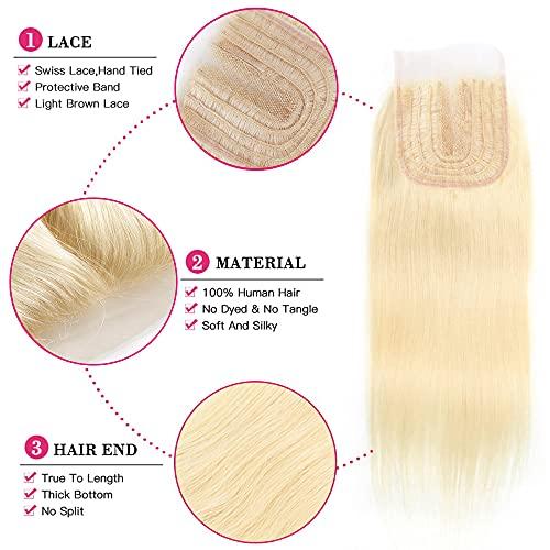 EREE HAIR EREE HAIR 613# Blonde Brazilin Straight Virgin Hair 3 Bundles with 4x4 Lace Closure Middle Part T Part Lace Closure Remy Human Hair Wefts Weave(22 24 26 with 20)
