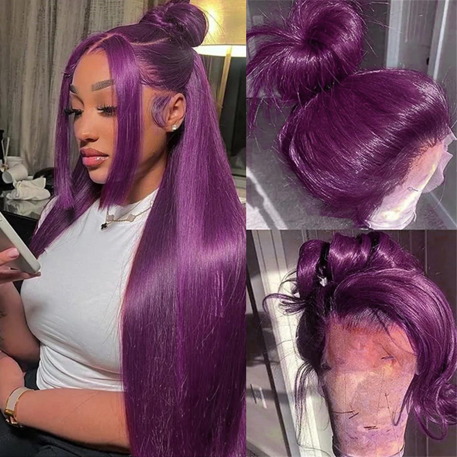 cute fairy cute fairy Deep Purple Lace Frontal Wig Human Hair 13x4 Dark Burgundy Straight Lace Front Glueless Wigs Human Hair for Women 24 Inch 150% Density with Baby Hair