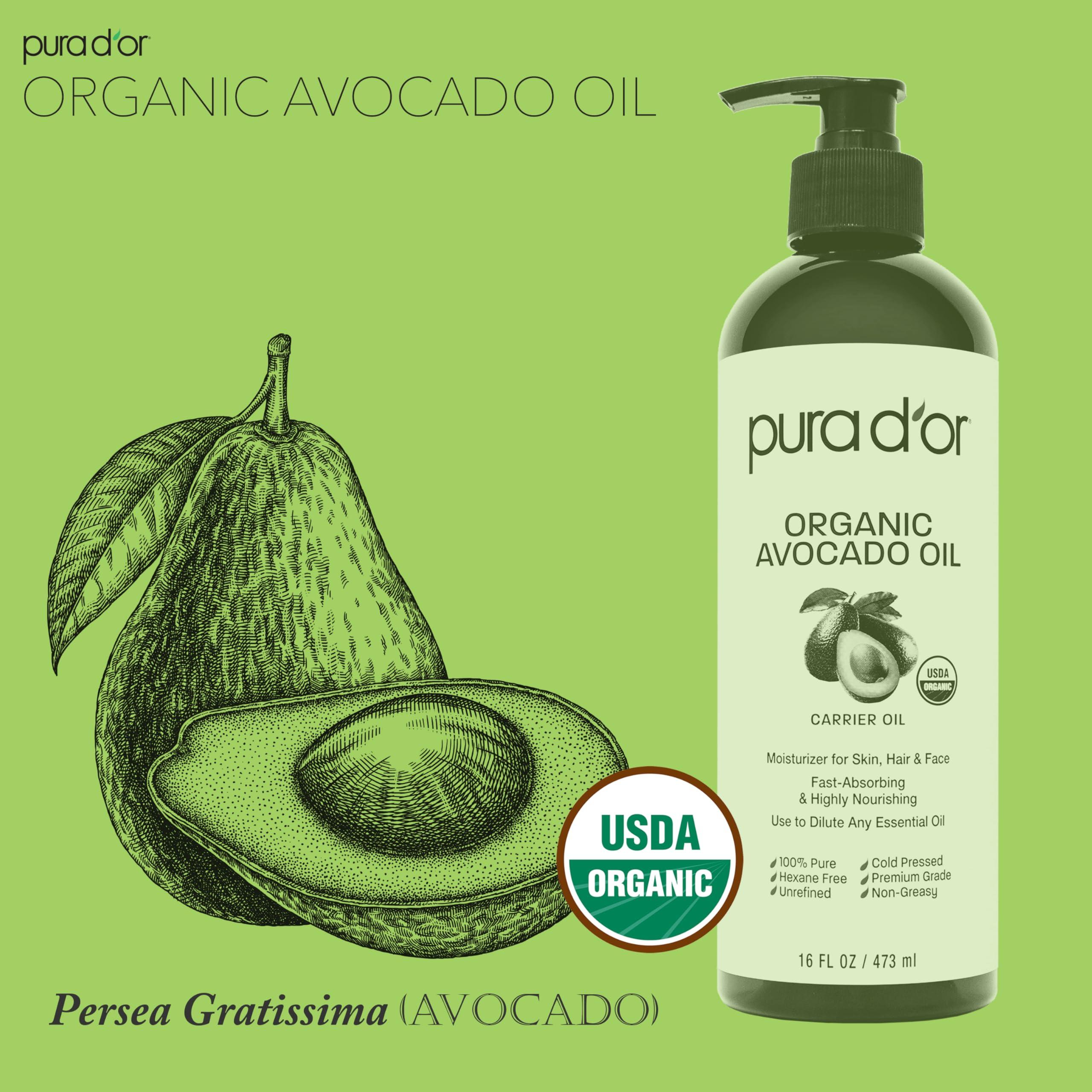 PURA D\'OR PURA D\'OR 16 Oz ORGANIC Avocado Oil - 100% Pure & Natural USDA Certified Cold Pressed Carrier Oil For DIY Beauty, Non-Greasy, Unscented, Hexane Free Liquid Moisturizer - Face Skin & Hair - Men & Women