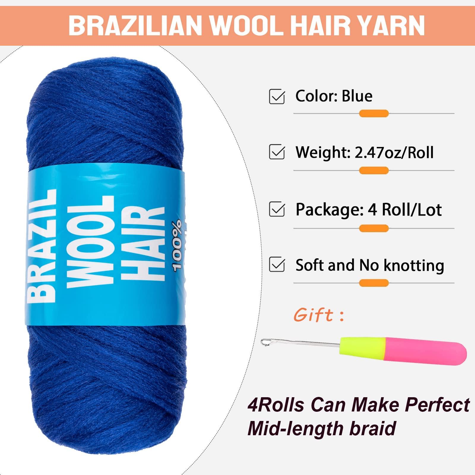 RuiYok RuiYok 4 Pcs Blue Brazilian Wool Hair for Braids Acrylic Hand Knitting Yarn for Braiding Hair Extension Faux Locs African Crochet Braid(#Blue)