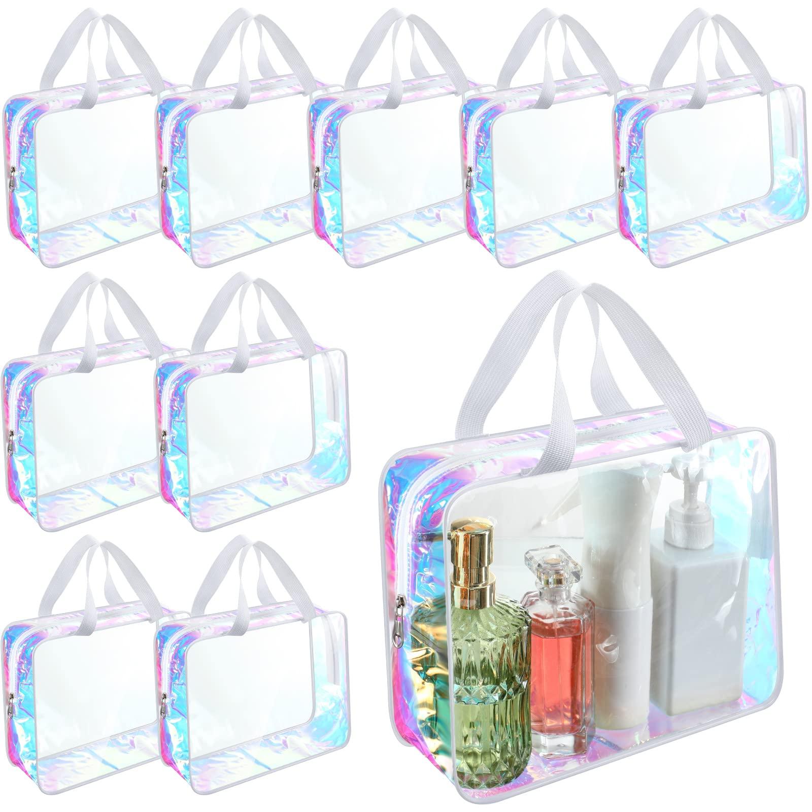 Sweetude Sweetude 10 Pcs Large Clear Toiletry Bag Large Capacity Travel Makeup Bag PVC Clear Plastic Tote Bag Iridescent Cosmetic Bag Cosmetic Clothes Organizer Bag for Women Men