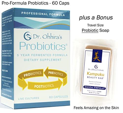 Essential Formulas Dr. Ohhira\'s Professional Probiotics Formula 60 Capsules with Beauty Bar Soap Travel Size, 20 Grams - No Refrigeration Supplement - Vegetarian, Non-Dairy, Gluten Free