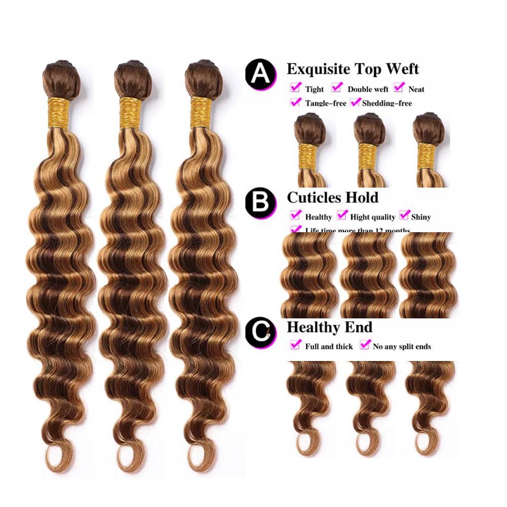 QEUOPE Highlight Deep Wave Bundles Human Hair Honey Blonde Deep Curly Weave Bundles P4/27 Human Hair Bundles Double Weft Brazilian Remy Hair Wet and Wavy Silky Soft Weave Extensions (24 26 28 Inch 3 Bundles)
