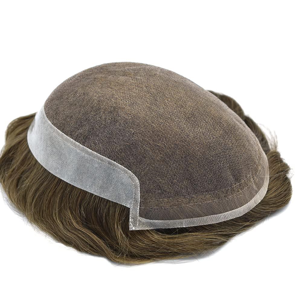 Generic Toupee For Men Swiss Lace Hair System Men Hair Pieces Real Human Hair Units Lace Front Mens Toupee White Gray Hair Replacement Bleached Knots Natural Hairline Black Brown Blonde Men Hair Systems US Stock. (7\"X9\"-100% Light to Medium Density, 17# Da