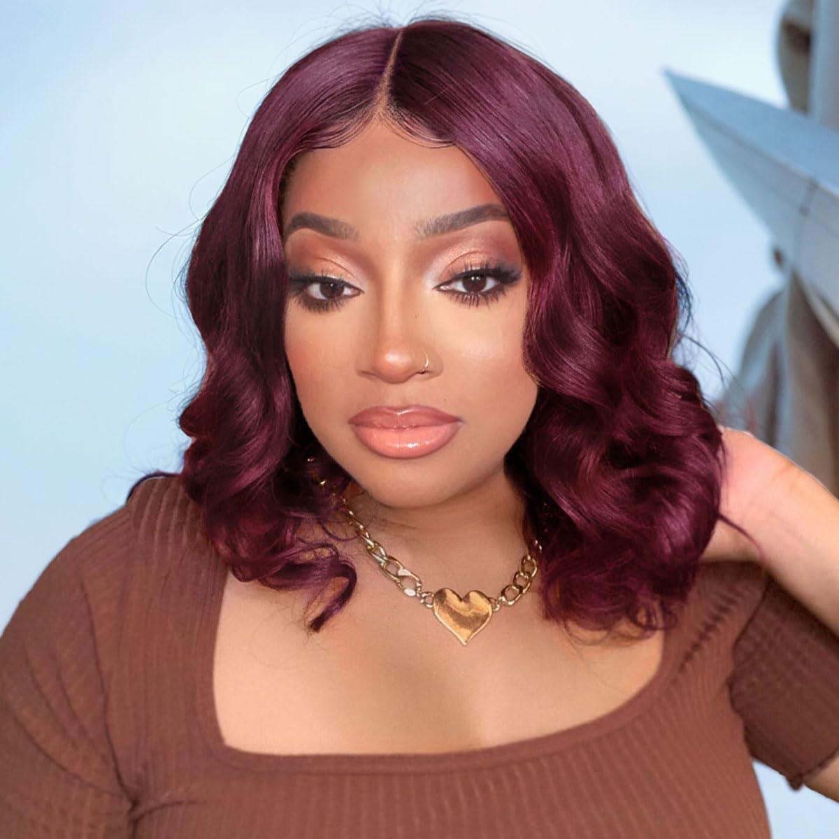 Tinashe Tinashe 99J Burgundy Bob Wig Human Hair 56 Frontal Lace Wig Human Hair Glueless Pre Plucked with Baby Hair Loose Body Bob Wigs for Black Women 180% Density Pre Cut Lace Pre Bleached Knots-12 inch