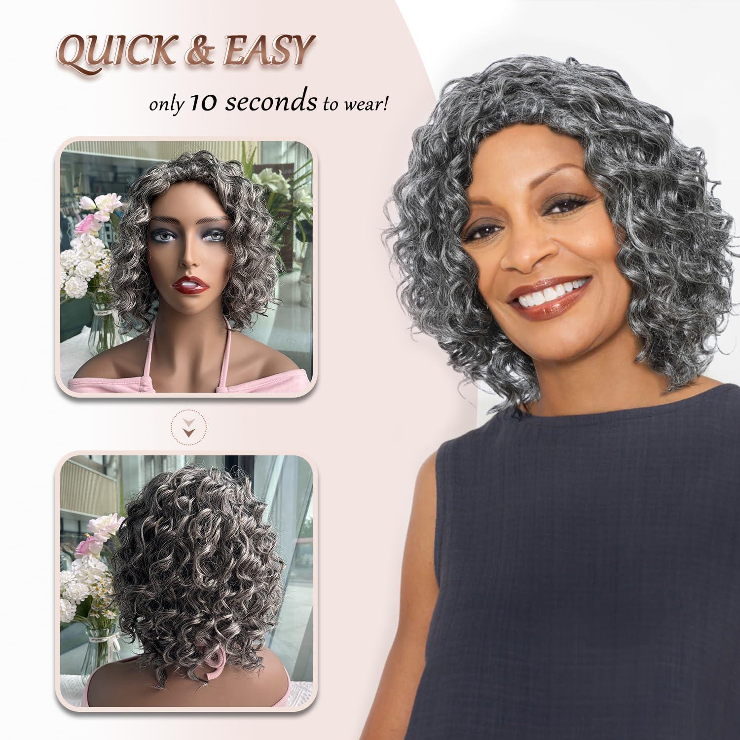 HUA HUA Salt and Pepper Grey Wigs Human Hair for Black Women Glueless Deep Wave Grey Human Hair Wig for Older Women Gray Wigs for Women Human Hair Mixed Bob Wear and Go Glueless Grey Wig
