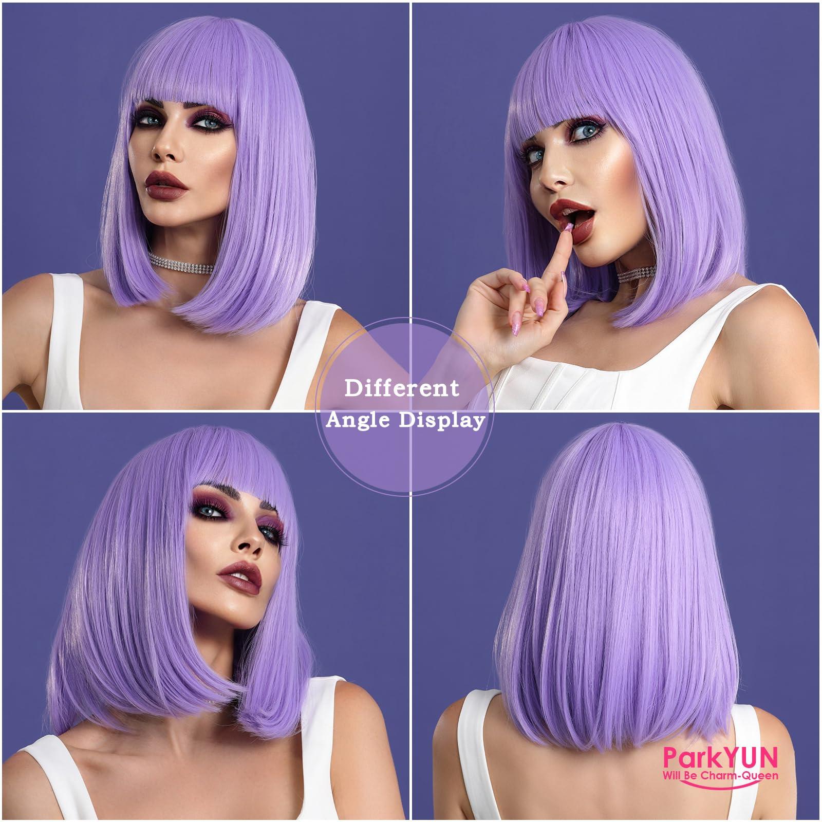 PARK YUN PARK YUN Short Purple Synthetic Bob Wig With Bangs 14 Inch Blunt Cut Bob Short Light Purple Hair Wigs for Women Straight Bob Shoulder Length Lavendar Lilac Wig for Cosplay Daily Party Wigs