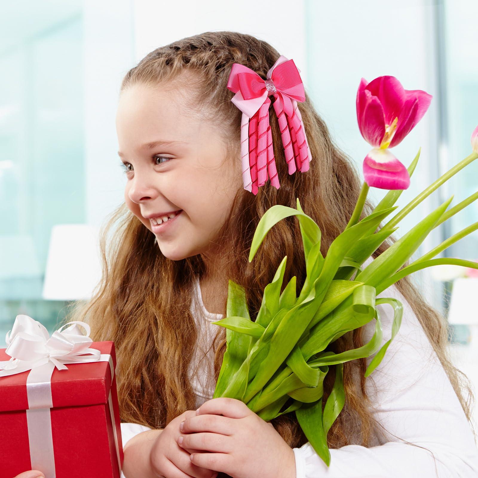 LSVOZ Valentine Hair Bow Clips 3 Inch Curly Ribbon Hair Clips Kids Girls Handmade Cheer Hair Accessories for Valentine\'s Day Party Decor, Pink&Rose Red&Light Pink