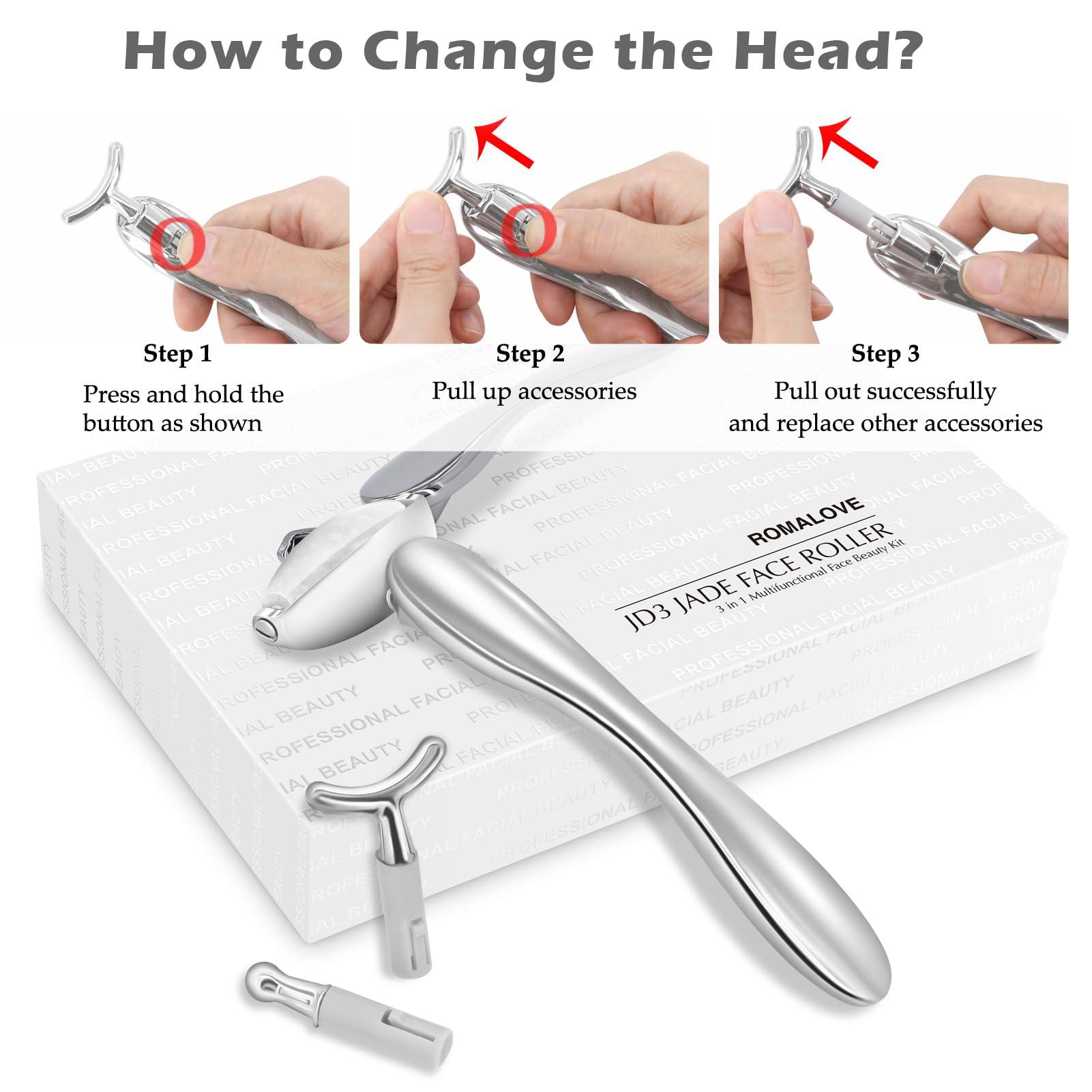 ROMALOVE Jade Facial Roller, Real Jade Face Roller Massager with 3 Interchangeable Heads for Women Routine Skin Care, Reduce Puffiness Wrinkling Rejuvenate Skin (White Jade + Silver Handle)