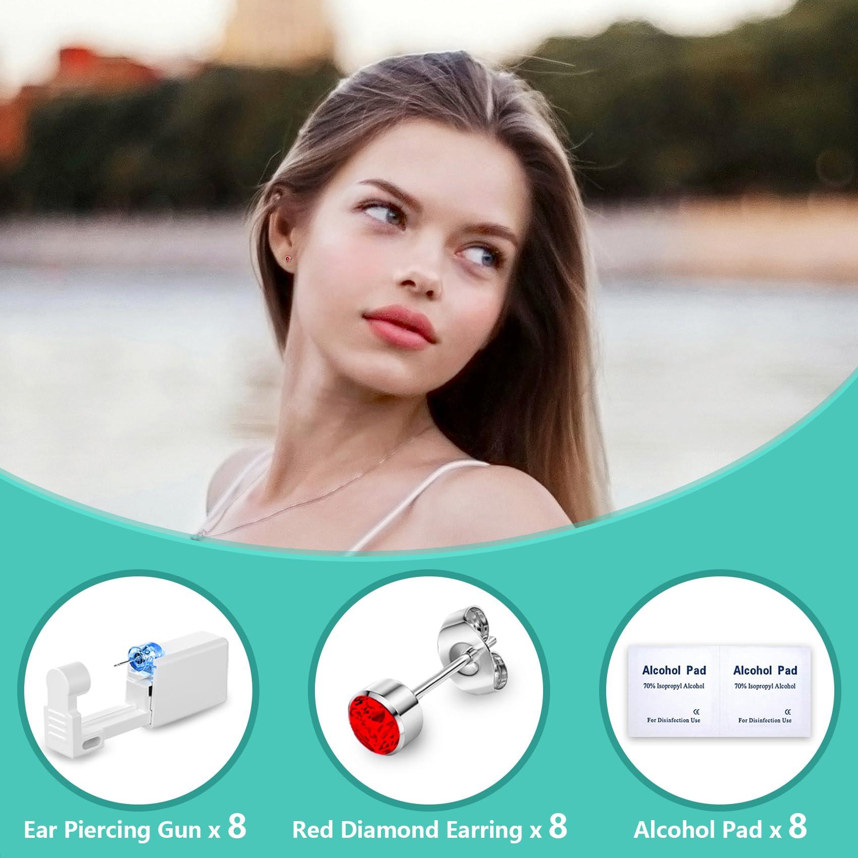 Novopiercing Get the Perfect Ear Piercing with 24 Pcs Premium Ear Piercing Kit - Includes 8 Red CZ Diamond Earrings and 8 Easy-to-Use Self Ear Piercing Gun - Safe and Painless - Sliver