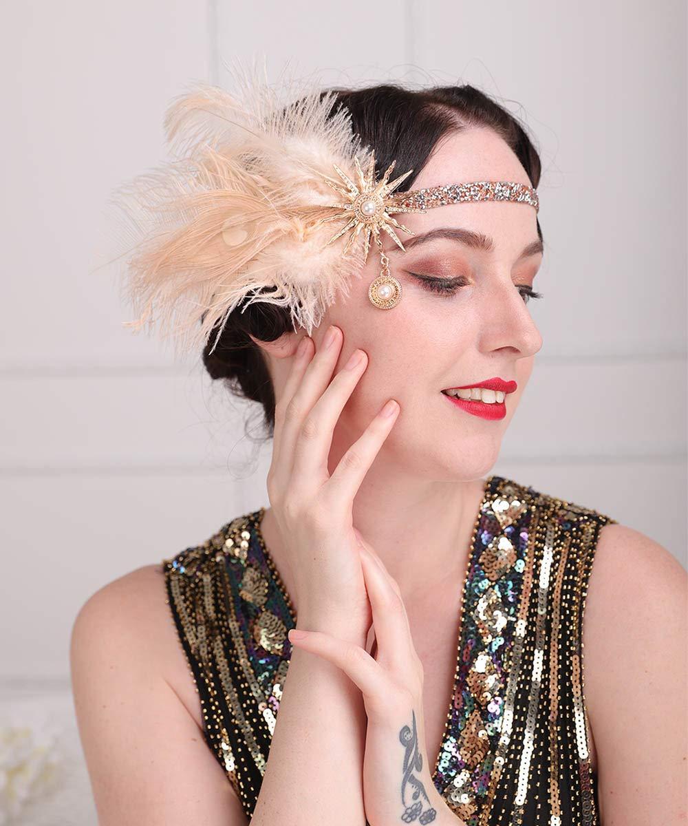 Aimimier Aimimier 1920s Flapper Feather Headband Champagne Feather Headpiece with Rhinestone Head Chain Hair Accessories for Women