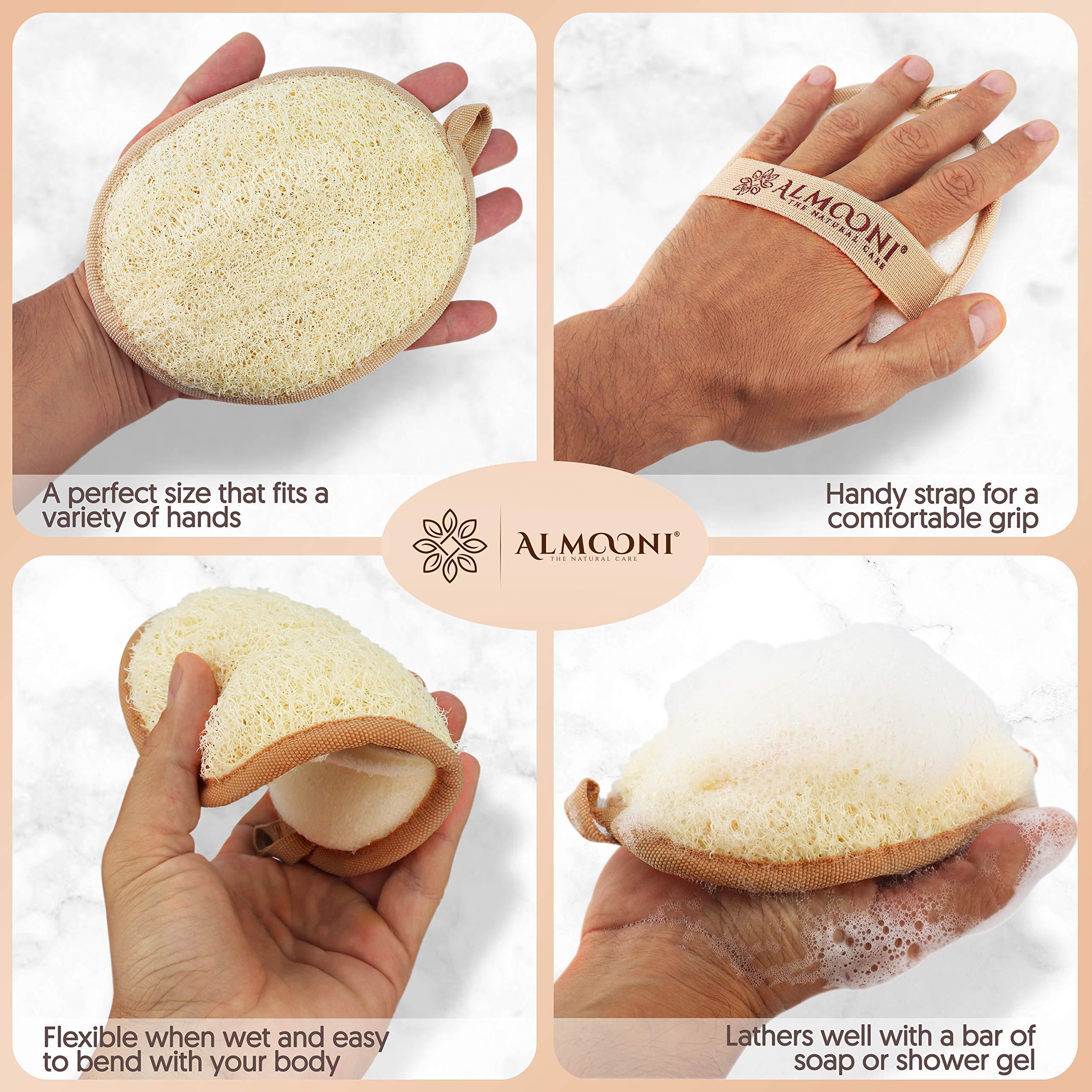 ALMOONI Almooni Natural Loofah Exfoliating Body Scrubber, Made with Natural Egyptian Shower Loofah Sponge, Bath Shower Loofah Sponge for Women and Men, for Face and Body That Gets You Clean - 2 Count (1 Pack)