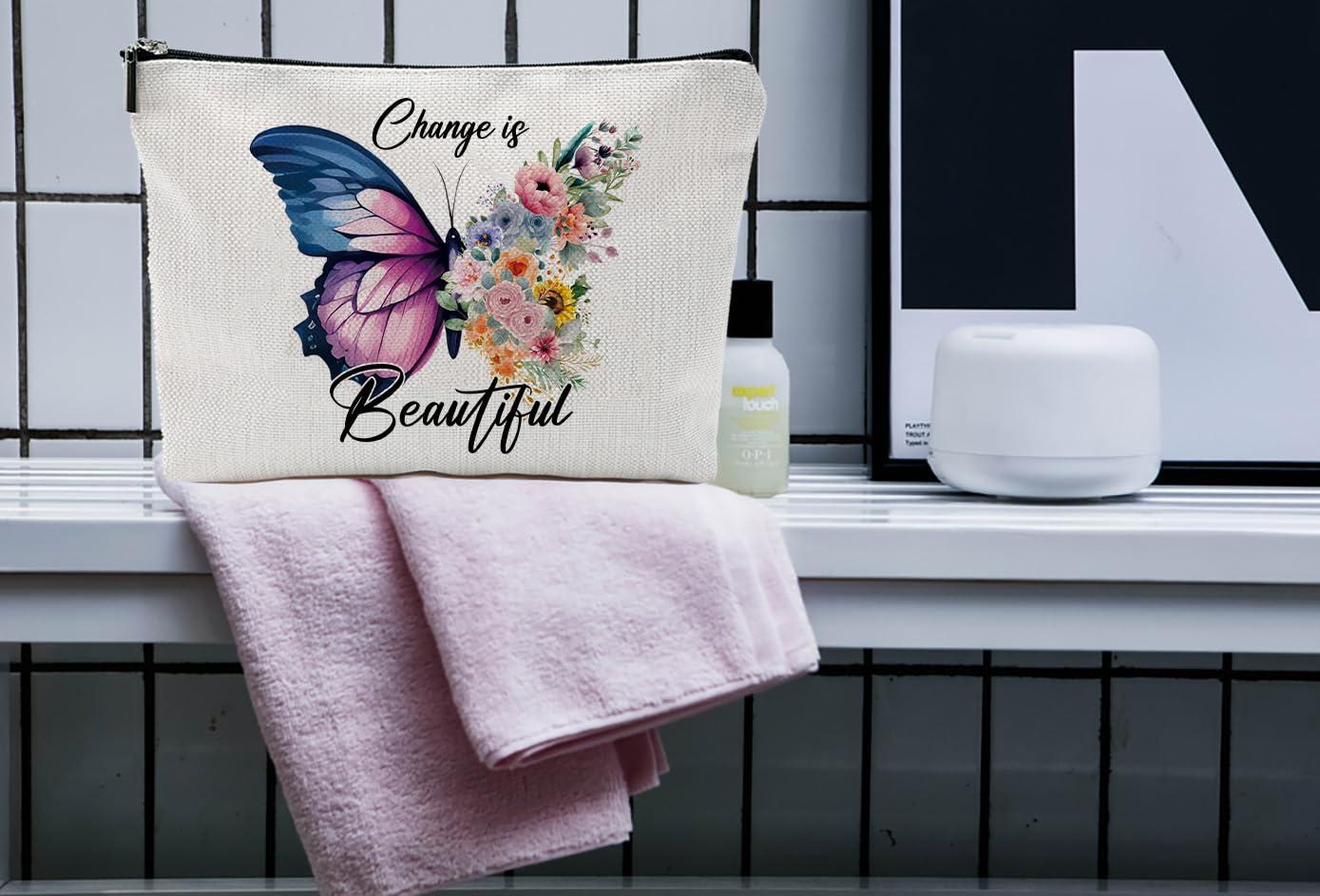 heshengzaixian heshengzaixian Butterfly Inspirational Quotes Makeup Bag for Gilrs Woman,Change is Beautiful Motivation Cosmetic Bag, Portable Waterproof Linen Toiletry Beauty Bag Travel Case Accessories Pouch