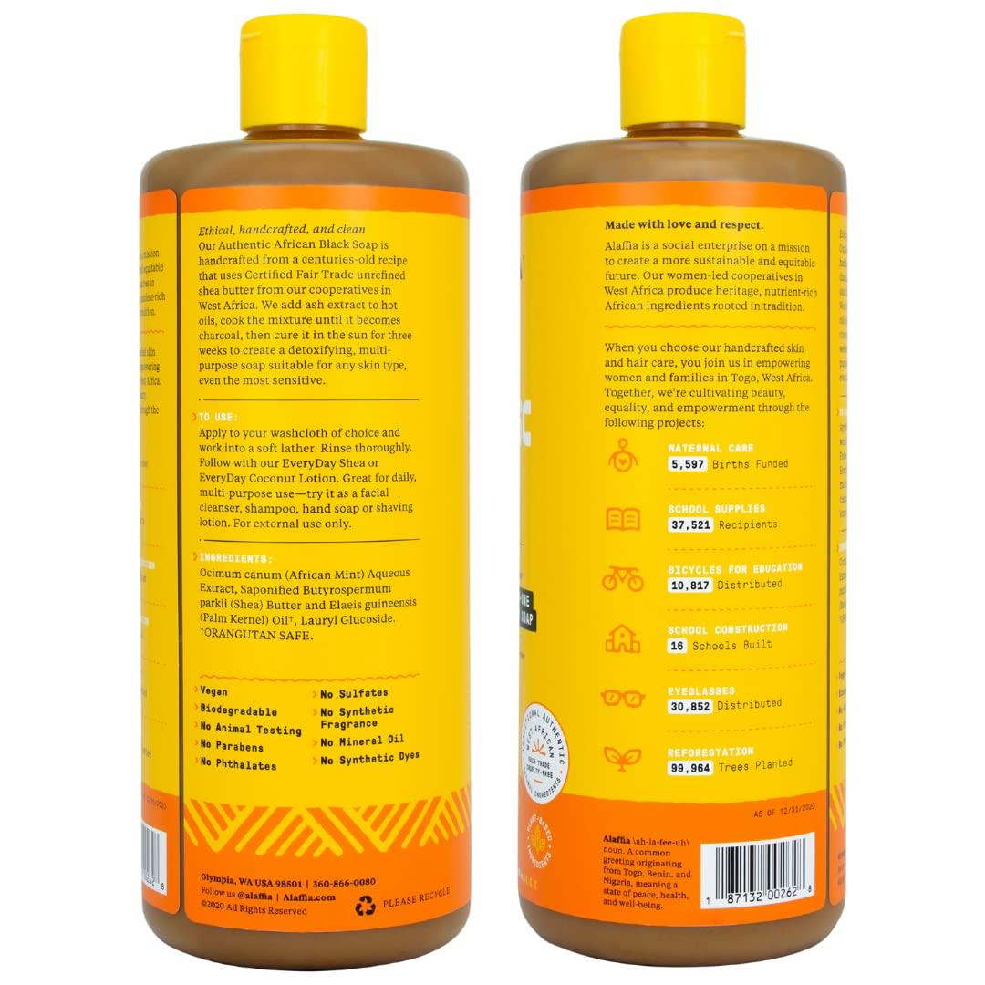 Alaffia Alaffia Skin Care, Authentic African Black Soap, All in One Liquid Soap, Acne Face Wash, Moisturizing Body Wash, Shampoo, Shaving Soap, Shea Butter, Unscented (2 Pack - 32 Fl Oz Ea)
