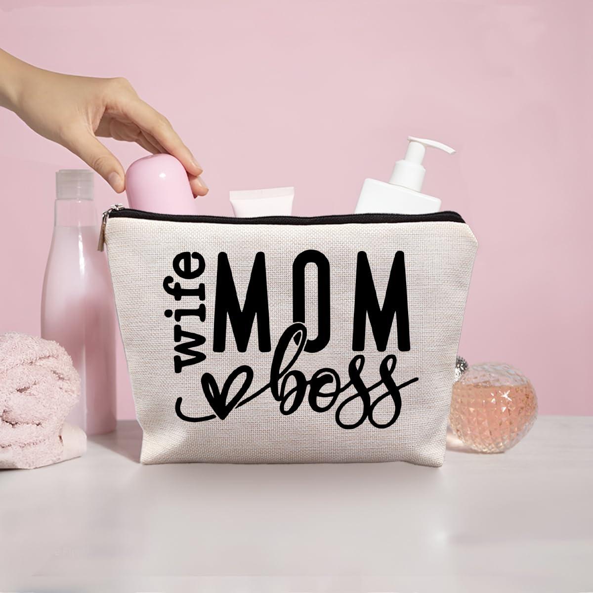 uinwk uinwk Wife Mom Boss Canvas Makeup Bag, Mother\'s Day Gifts for Mom Wife, Birthday Gifts for Women Mom Friends Coworkers Women Boss Lady, Mom Makeup Bag