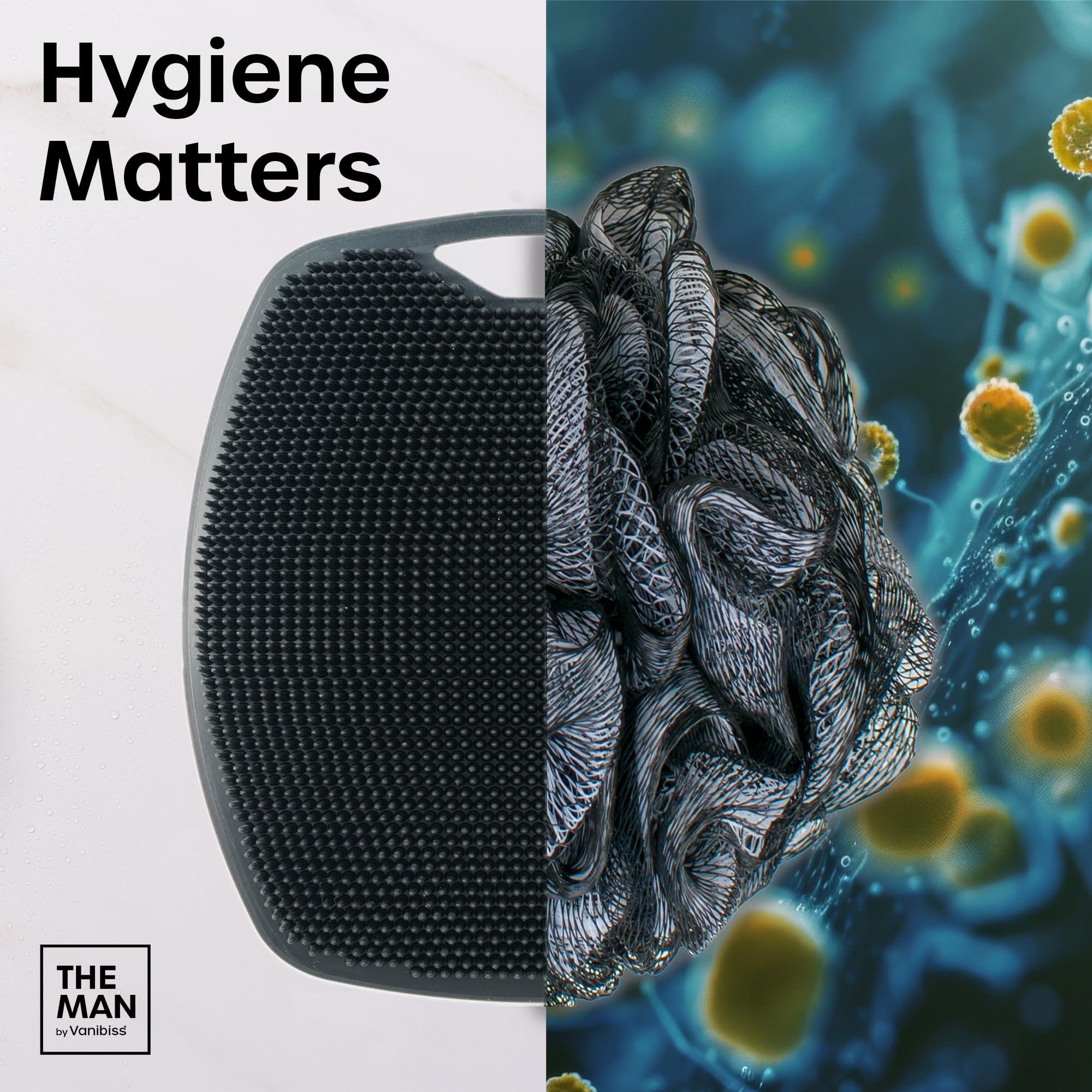 Vanibiss The Man Body Scrubber & Hook - Silicone Body Scrubber for Men - Shower Scrubber for Men - Silicone Body Buffer Hygienic & Easy to Clean - Soft Bristles & Non-Slip Handle - Body Washing Brush (1 Set)