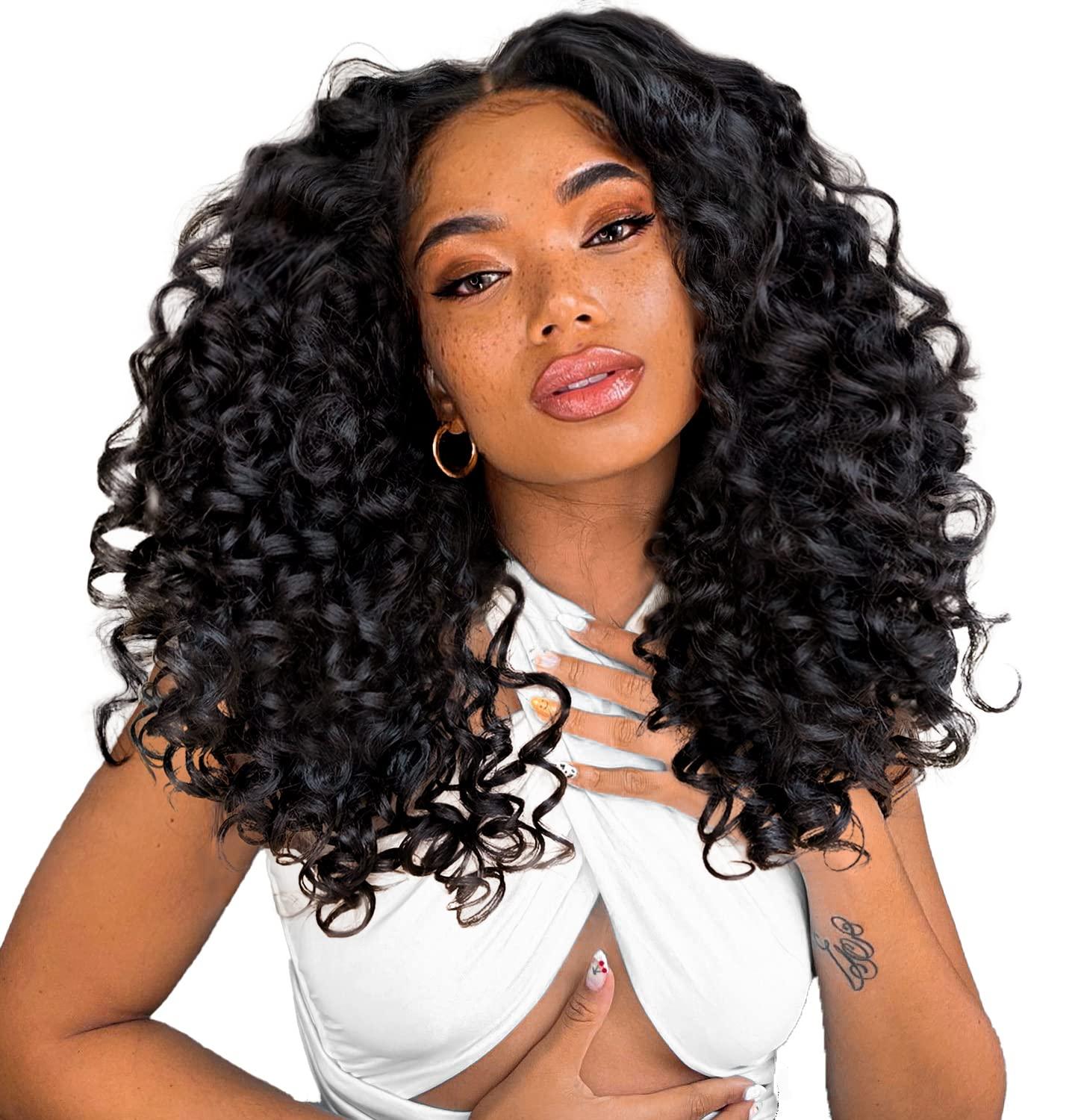 BlackSwern BlackSwern Curly Lace Front Wigs Pre Plucked, Lace Front Wigs Curly Hair Synthetic Lace Front Wig, Glueless Big Curly Wigs for Black Women Natural Black Color