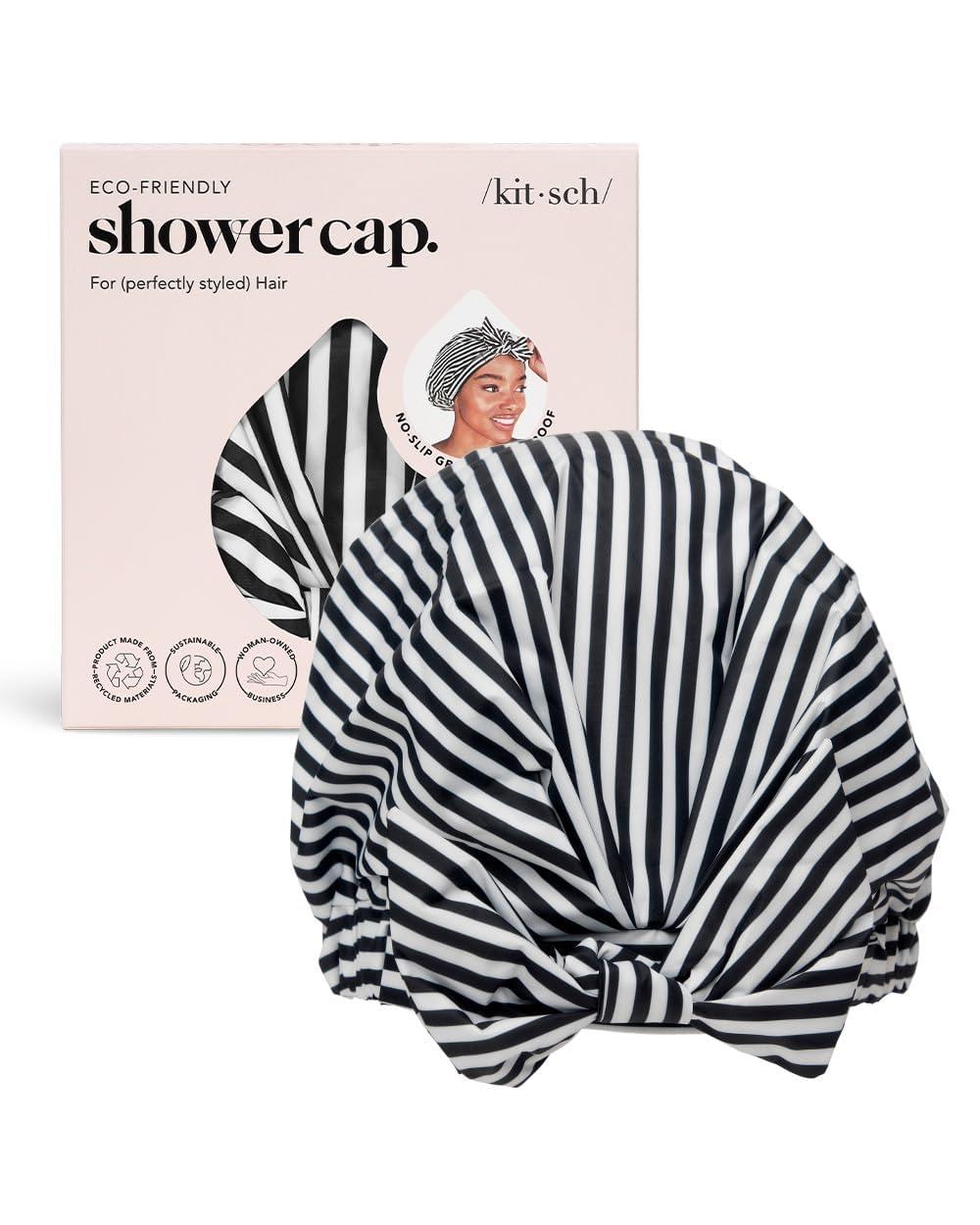 Kitsch Kitsch Luxury Shower Cap (Stripes) and Kitsch Microfiber Hair Towel (Black) Bundle with Discount