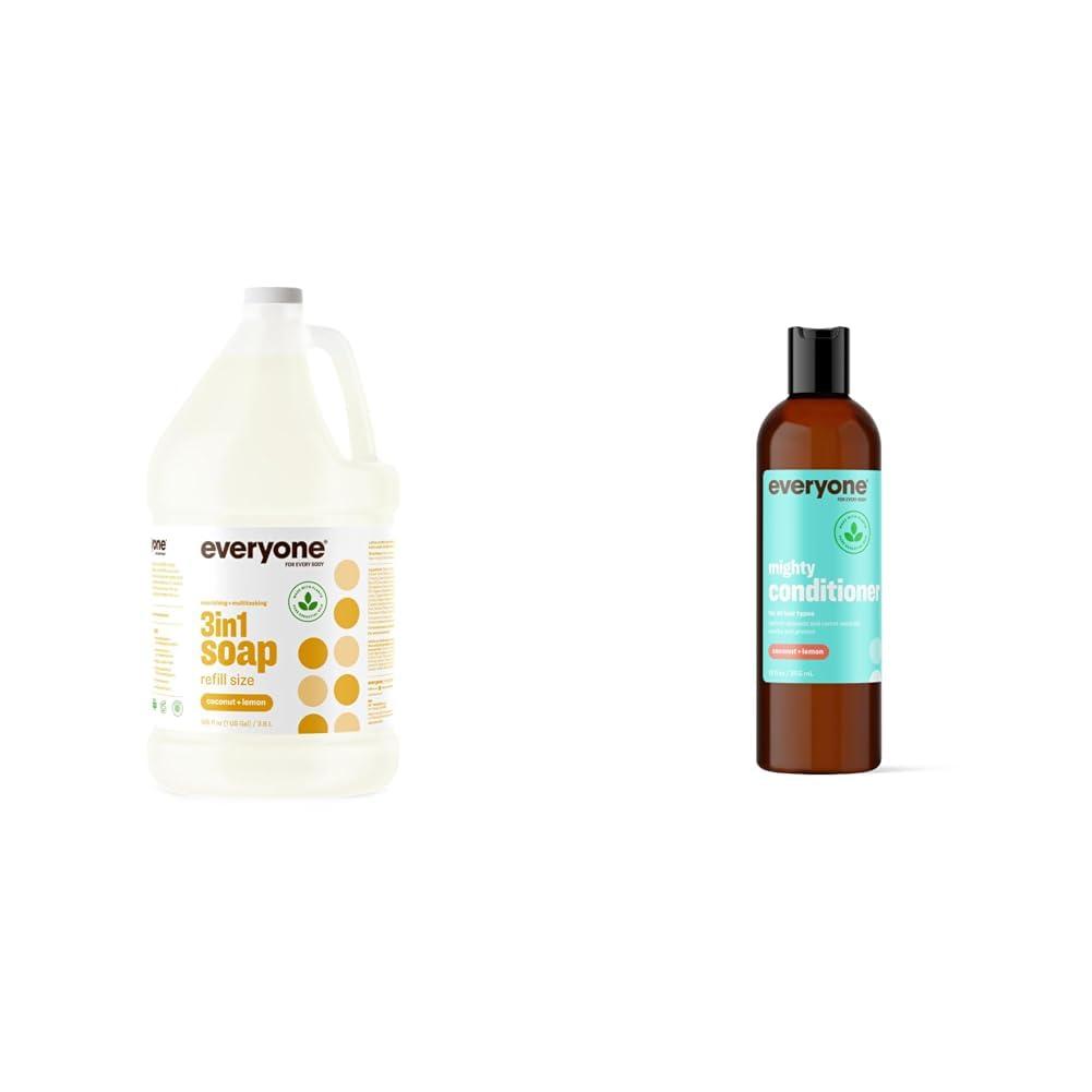 everyone for every body Everyone 3-in-1 Soap, Body Wash, Bubble Bath, Shampoo Coconut Lemon 1 Gallon Bundle with Everyone Mighty Conditioner 12 OZ