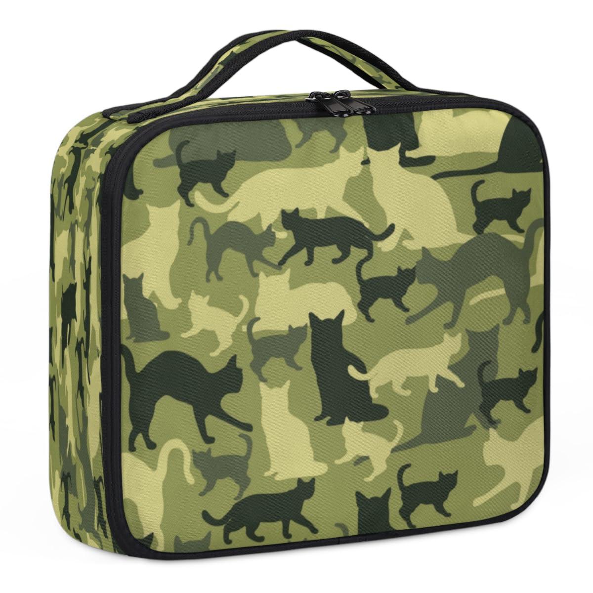 QsirBC QsirBC Makeup Train Case with Adjustable Dividers, Portable Make Up Bag for Women, Toiletry Bag for Men with Waterproof Brush Cover, Cat Camouflage Travel Makeup Organizer Makeup Box