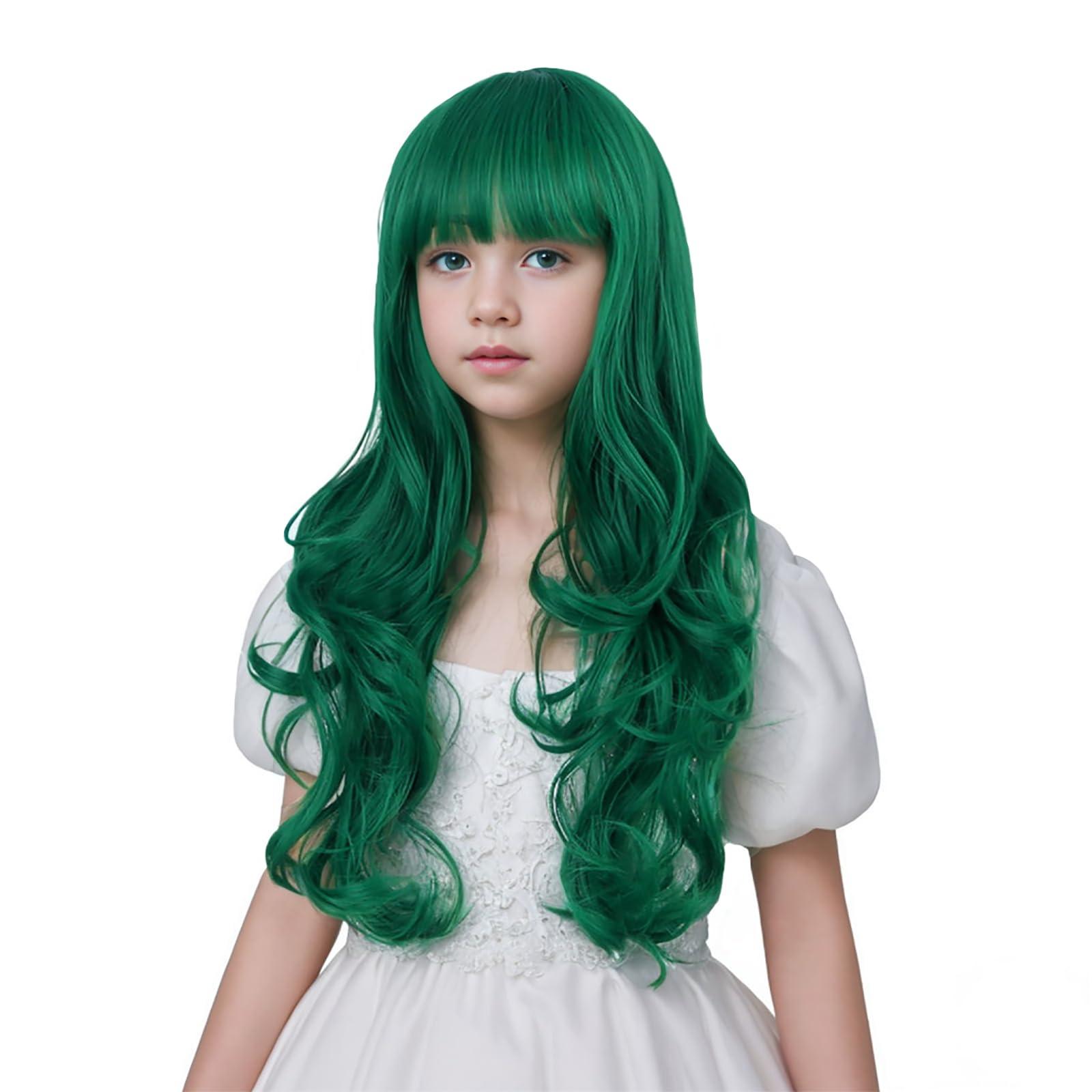 Edivd Edivd Kids Dark Green Wig Long Green Wig with Flat Bangs for Child Long Dark Green Wavy Curly Wig for Girls Heat Resistant Synthetic Wig with Wig Cap