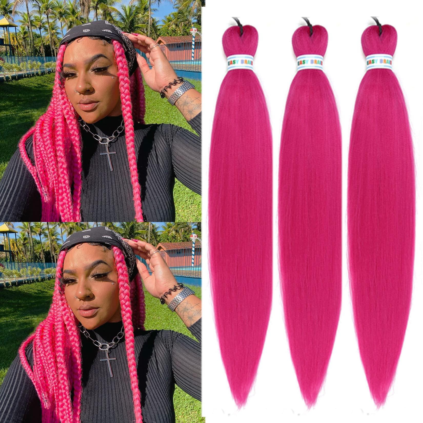 Gozill Rose Pink Braiding Hair Pre Stretched Box Braid Hair Extension 26 Inch for Braiding(Pack of 3)