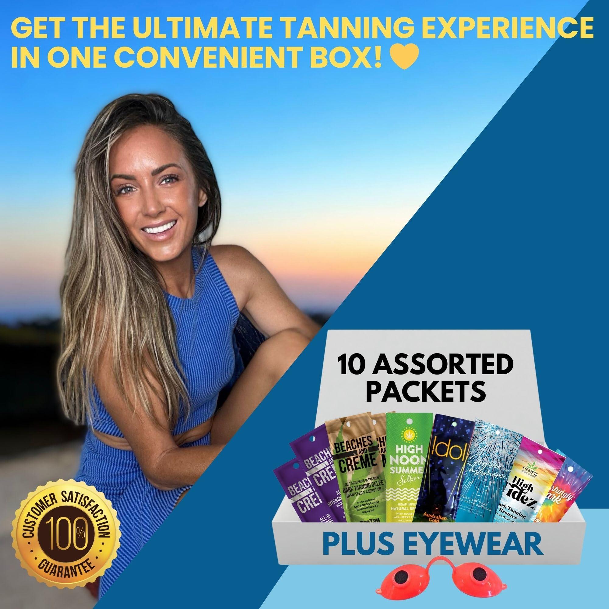 ES Global Brands 10 Pack of Tanning Bed Lotion + Eyewear  Tanning Bed Lotion Packet Box, Best Lotion for Tanning, Indoor Bed Lotion, Outdoor Sun Tan Lotion, Tanning Accelerator (0.5 oz each)