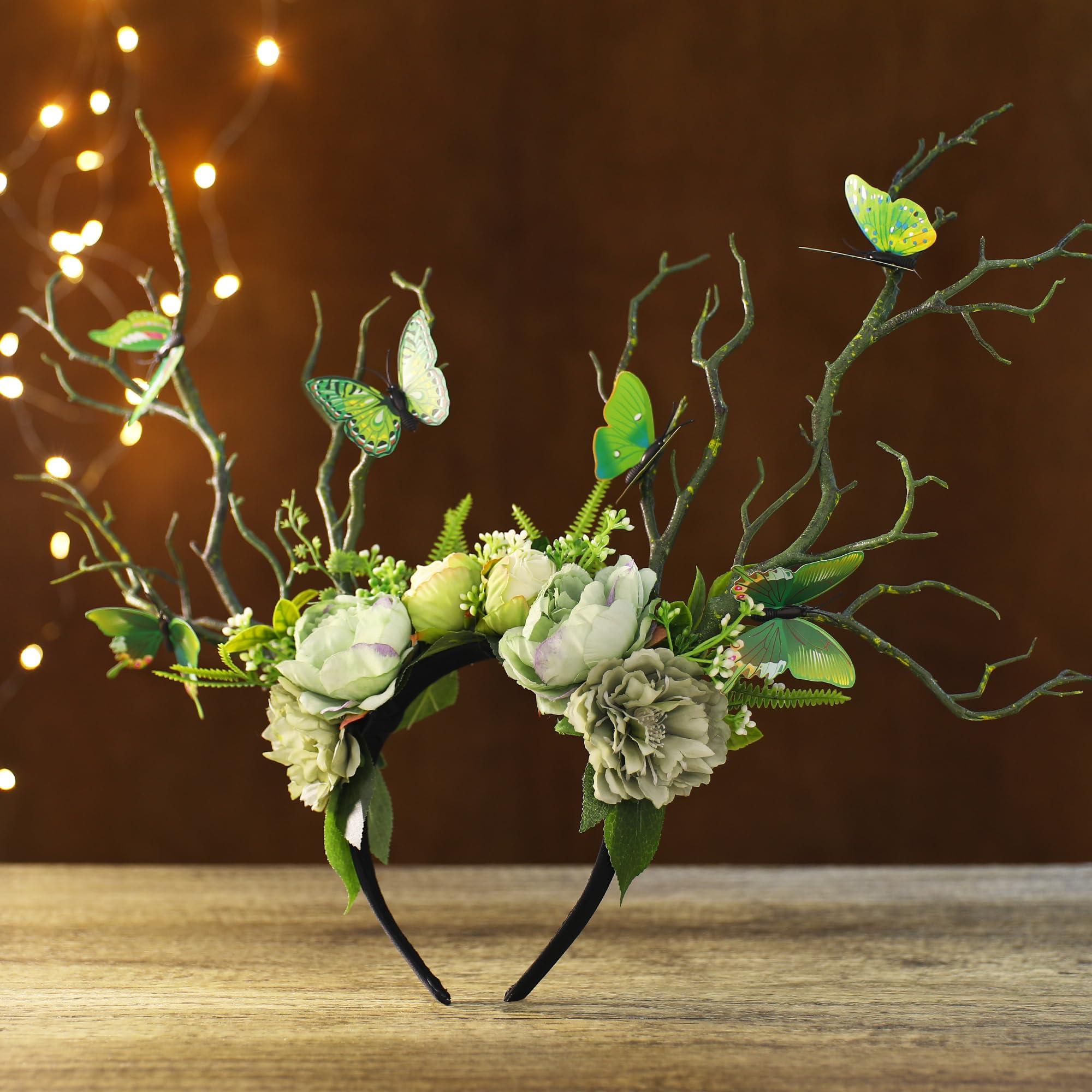 MOSTORY MOSTORY Green Flower Branch Headband - Handmade Tree Hairband with Butterfly Woodland Headband Floral Forest Crown for Women Renassance Renfaire Woodland Costume Cosplay Photoshoot