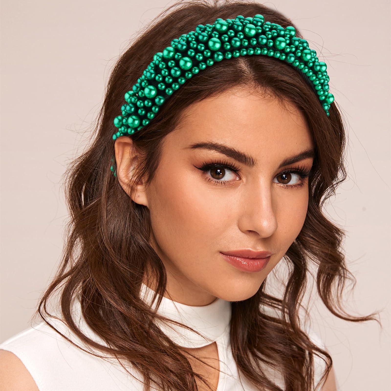 Hapdoo Hapdoo Dark Green Pearl Headbands for Women, Wide Padded Hair Hoop with Faux Pearl for Bridal, Bling Wedding Hairbands Hair Accessories for Women Girls