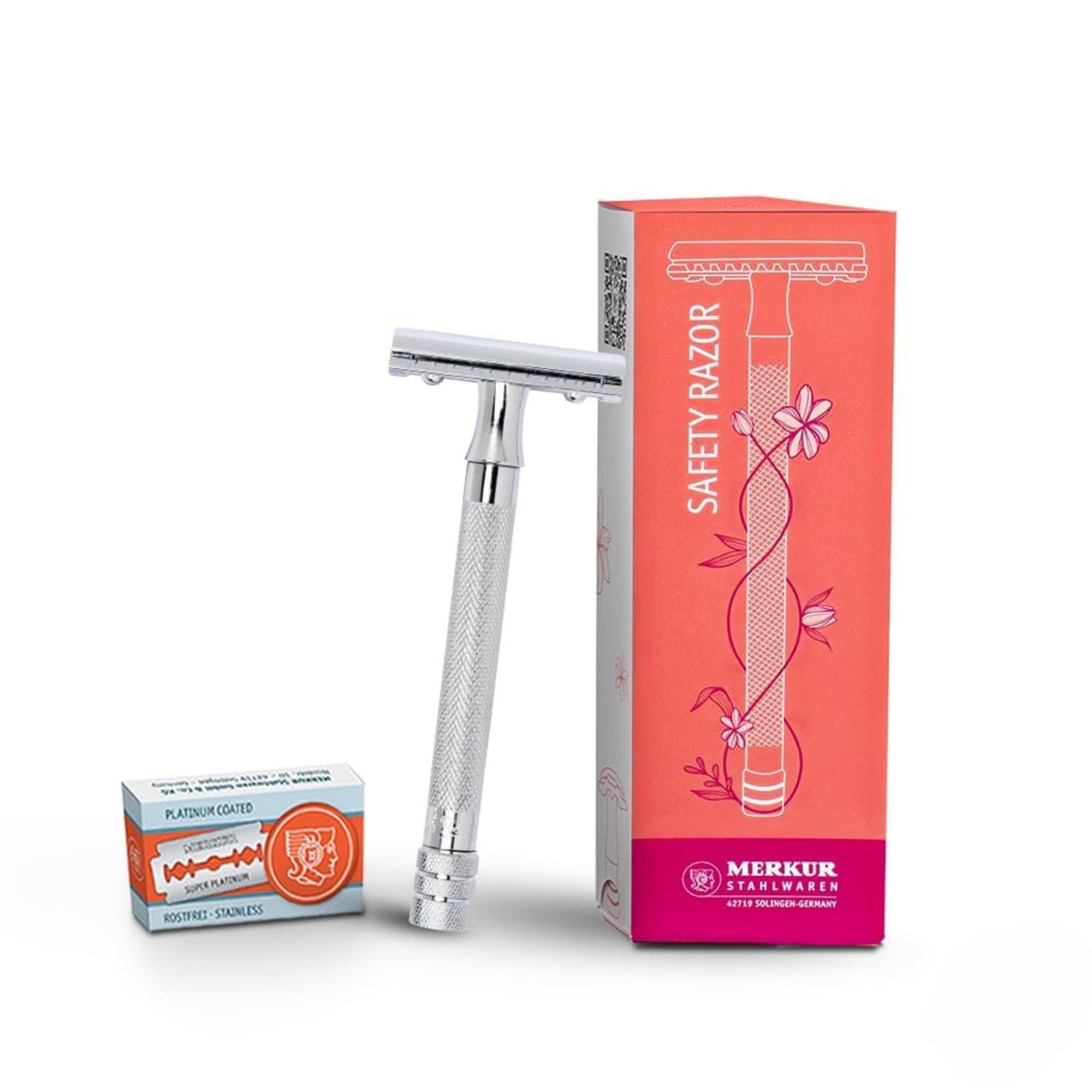 MERKUR MERKUR 24C Safety Razor For Women with 10 Double Edge Blades | Extra Long Handle | Three-piece Razor | Straight Cut | Bright Chrome Finish | Made in Germany