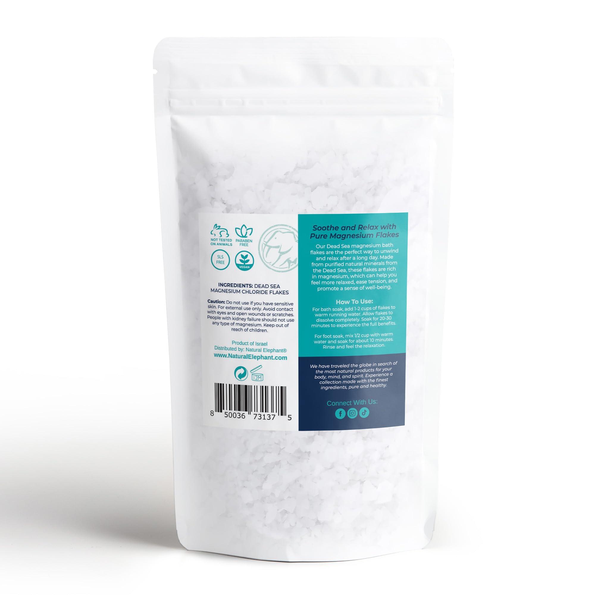 Natural Elephant Natural Elephant Dead Sea Magnesium Bath Flakes | 8 oz Travel Size (227g) | Pure Magnesium Chloride Soak for Body and Foot | Ideal for a Soothing Bath Experience | Alternative to Epsom Salt