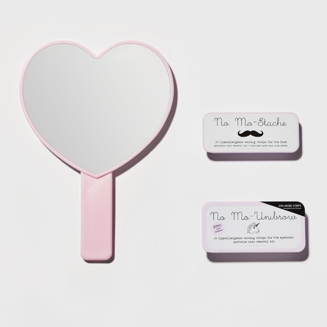 No mo-stache No Mo-Stache Great Face Bundle - Hypoallergenic Waxing Strips For Facial Hair and Eyebrows - 48 Waxing Strips For Lip and Brows Hair Removal + Post Wax Aloe Cream + Handheld Heartshaped Mirror