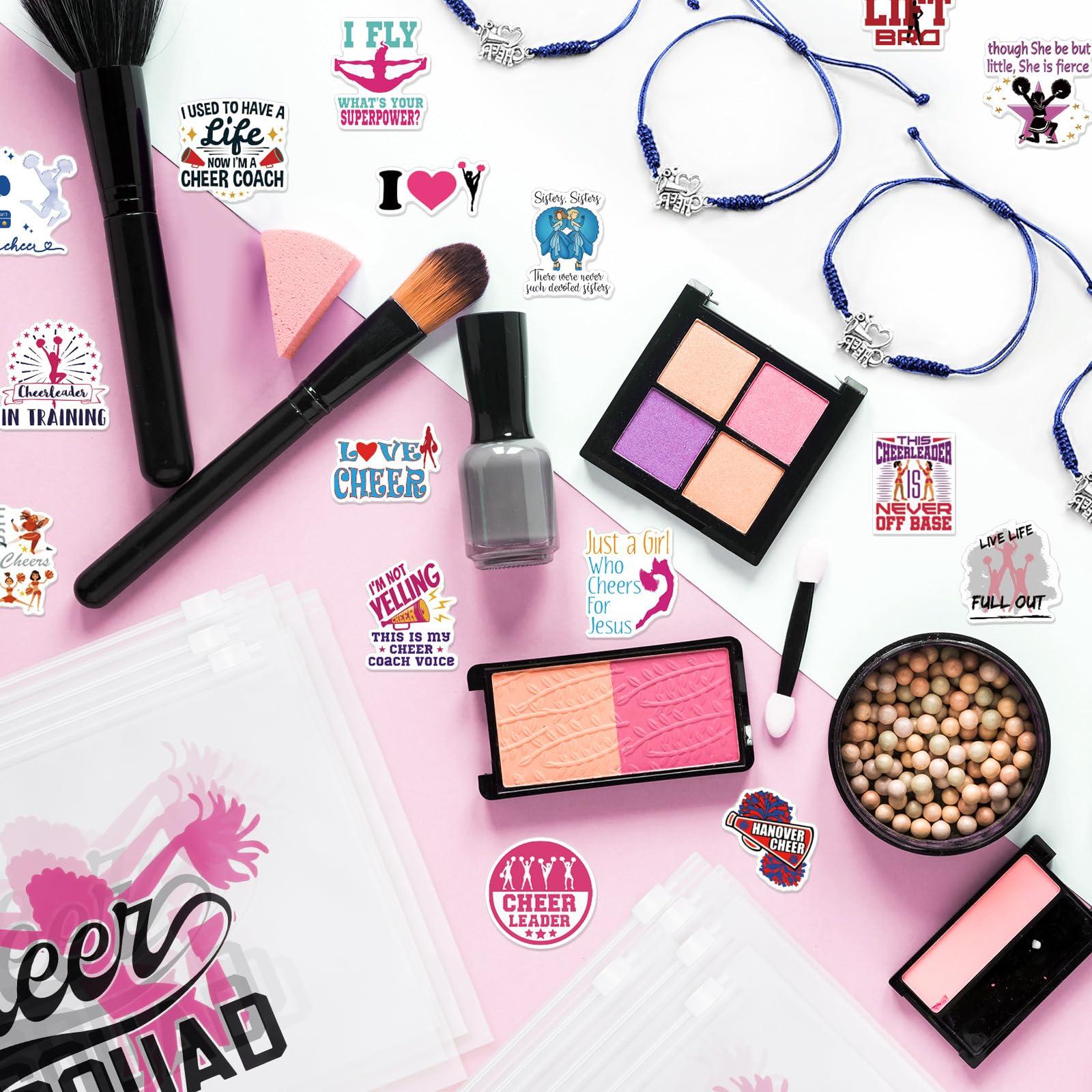 Giesiery 74 Pack Cheerleader Gifts Tenins Gift Set - 12 Cheer Makeup Bag 12 Adjustable Cheer Bracelets 50 Cheerleading Stickers for Cheer Team Party Favors Girls Cheerleader Christmas Gifts