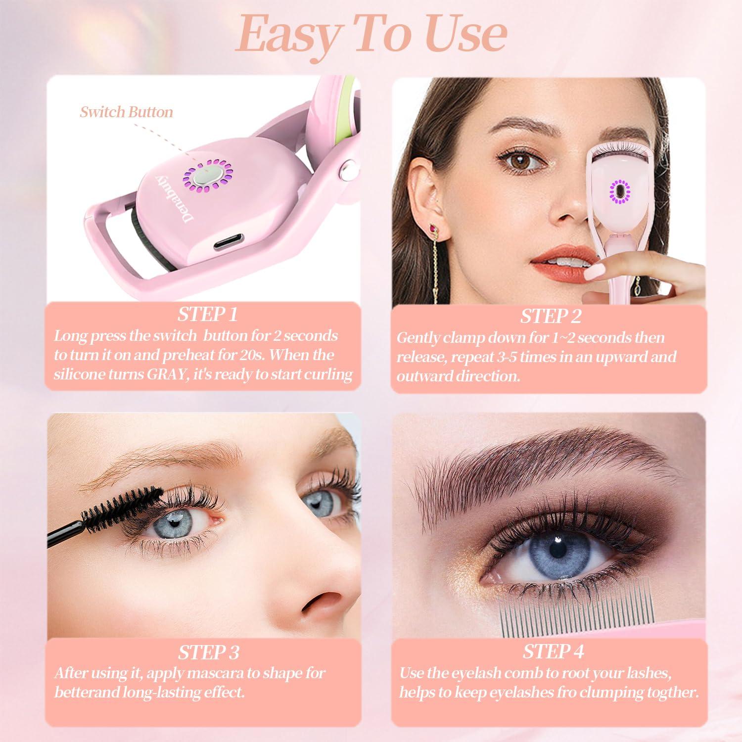 Denabuty Denabuty Heated Eyelash Curlers, Rapid Heated Lash Curler Electric Quick Natural Curling for Long Lasting with Sensing Heating Silicone Pad, 3 Tempreture Setting & USB Rechargeable, Pink