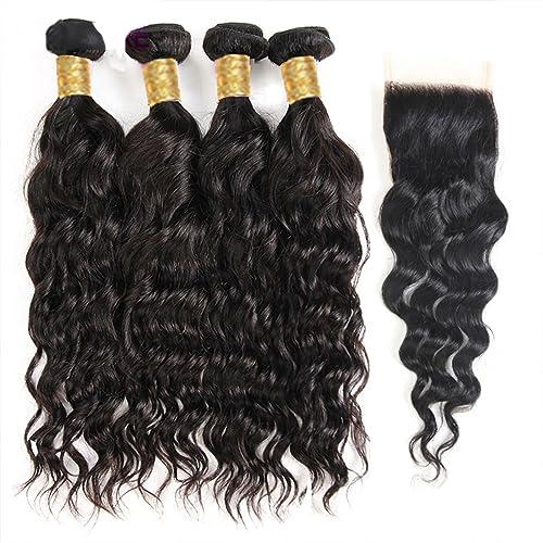 CFGH6FDF Bundles Brazilian Hair Weave Bundle Raw Natural Wave Human Hair 3/4 Bundle 8-40 Inch Water Deep Wave Bundle Hair Weave Extension Hair Weft(10 12 14 14)