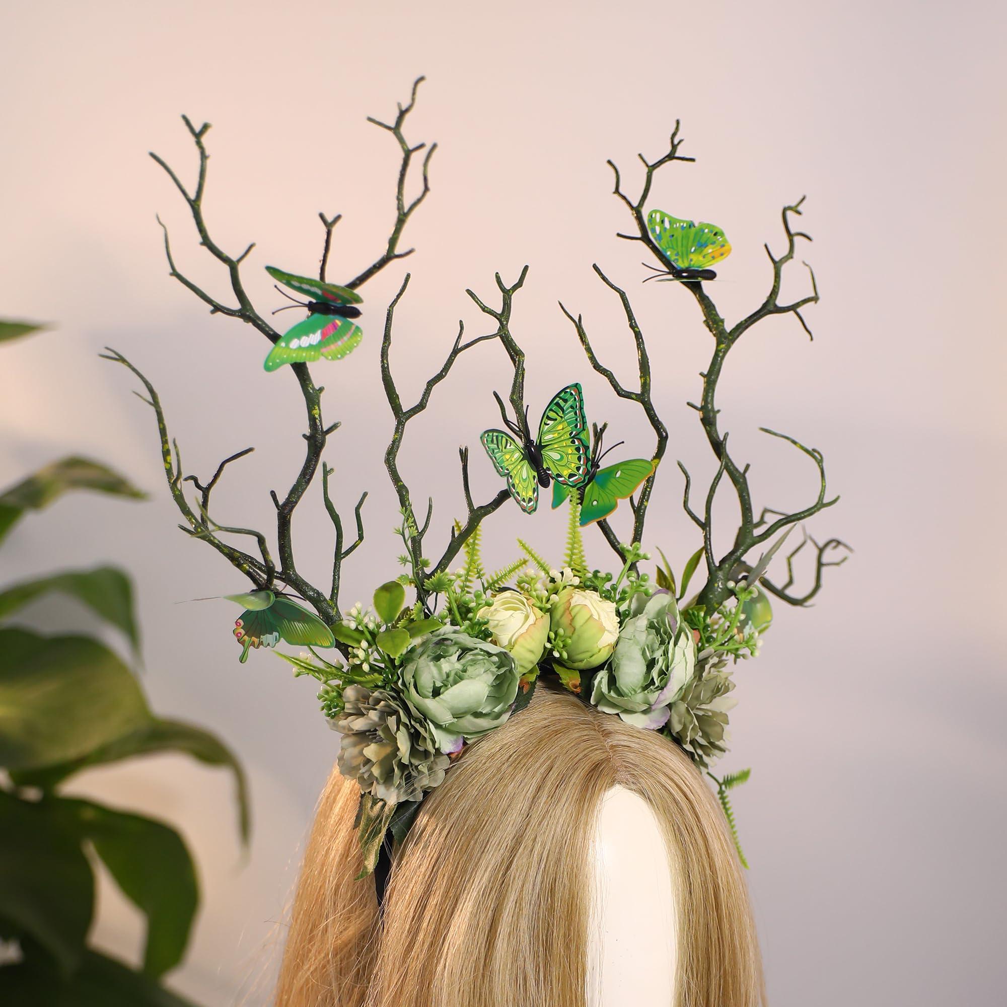 MOSTORY MOSTORY Green Flower Branch Headband - Handmade Tree Hairband with Butterfly Woodland Headband Floral Forest Crown for Women Renassance Renfaire Woodland Costume Cosplay Photoshoot