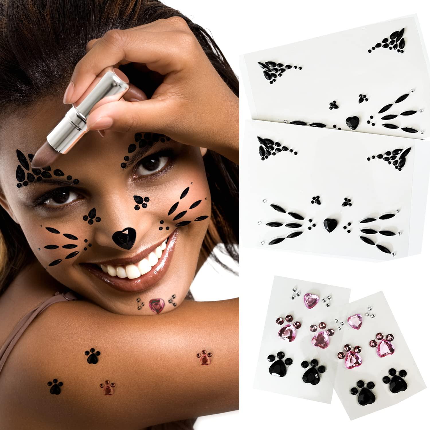 LEOARS Crystal Cat Face Jewels, Pink Cat Print Gems, 2-Sheet Black Cat Eye Gems Sticker and 2-Sheet Fake Cat Lash Gems Tattoo Stick on Face for Women Kids Cat Halloween Makeup