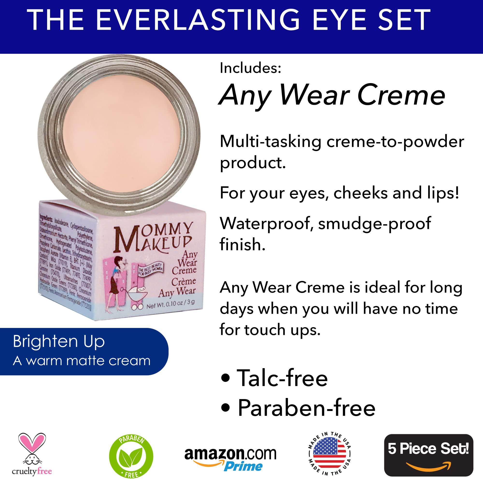 Mommy Makeup The Everlasting Eye 5 Piece Waterproof Makeup Set. Gel Eyeliner, Creme Eyeshadow, 2 brushes and Mesh Bag. Paraben-free, Talc-free, Cruelty-free. Brighten Up/Chocolate Kiss 2202